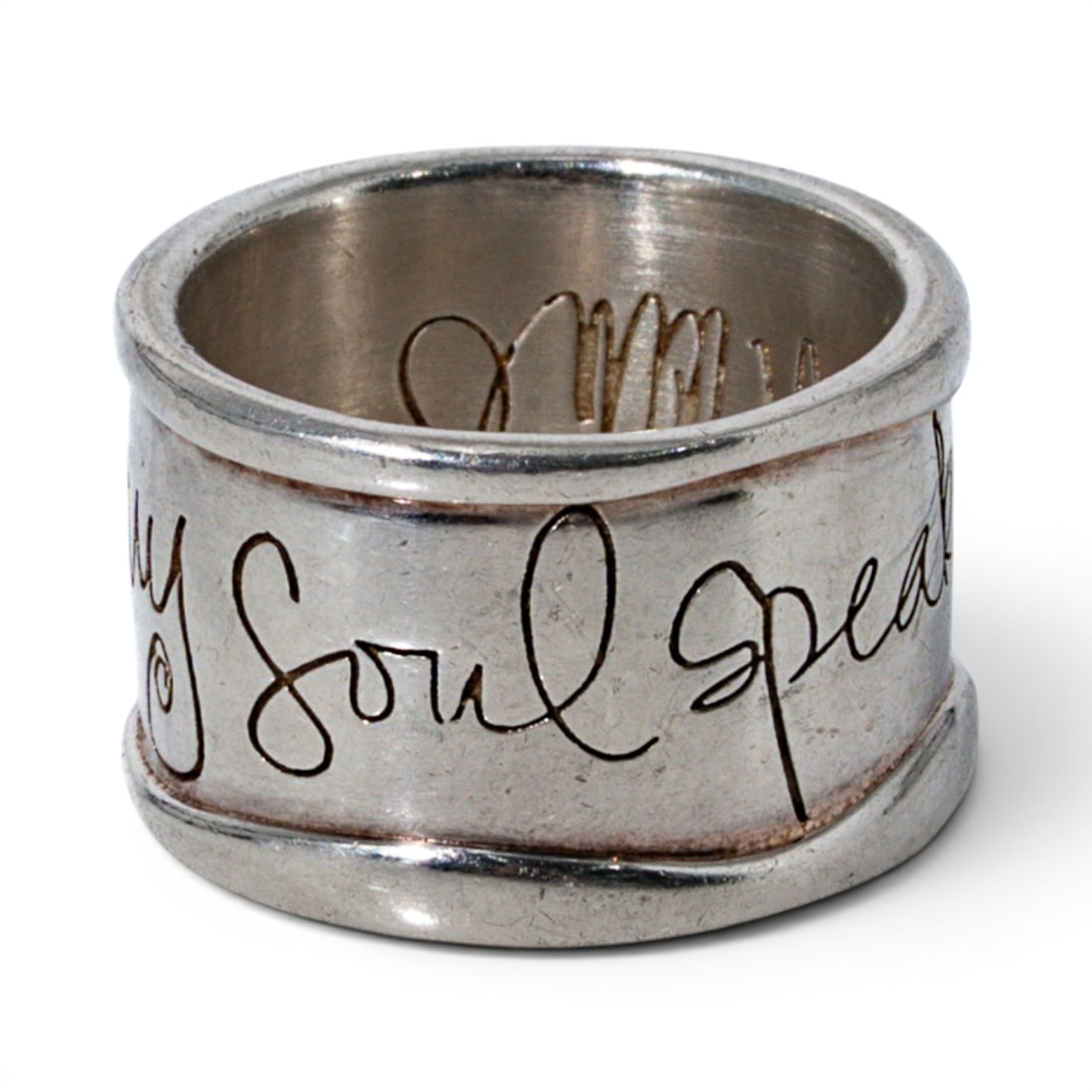 Shawn Killinger "Hear My Soul Speak" Sterling Silver Ring: Shawn Killinger "Hear My Soul Speak" Sterling Silver Ring 2000s, Italian Heavy sterling silver cigar band ring by Shawn Killinger for Milor, engraved throughout with the phrase "Hear my soul speak"