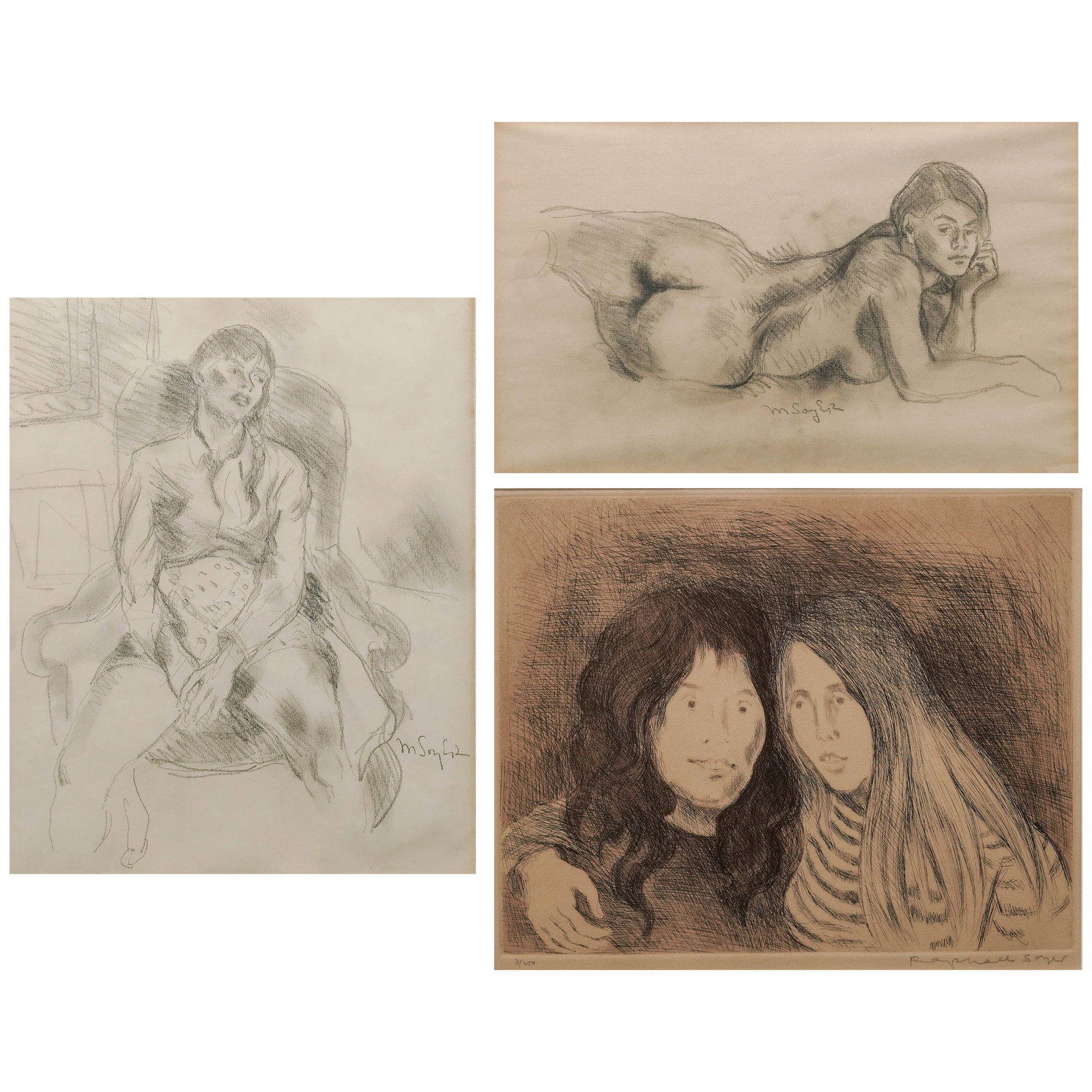(3 pc) Raphael Soyer (American, 1899-1987) and Artist Etchings: (3 pc) Raphael Soyer (American, 1899-1987) and Artist Etchings Mid 20th Century, "Friends" Completed 07/1973, USA A collection of three signed etchings by Raphael Soyer, featuring Girl on Chair, Frien