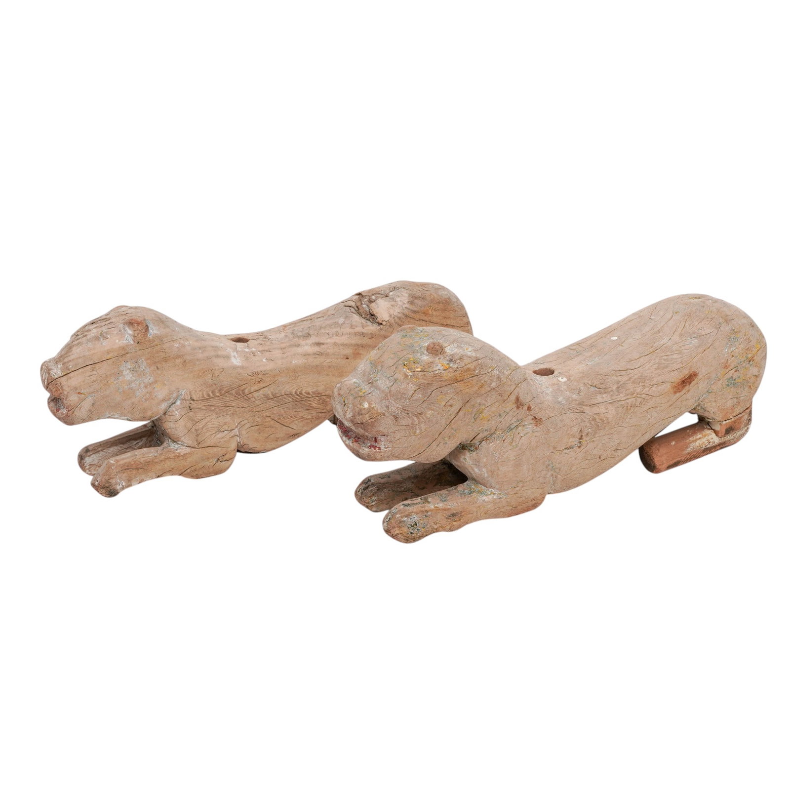 Pair of Antique Wood Carved Recumbent Lions: Pair of Antique Wood Carved Recumbent Lions Late 19th Century, Southeast Asia Pair of antique carved wood guardian lions modeled in recumbent form with stylized features and traces of original