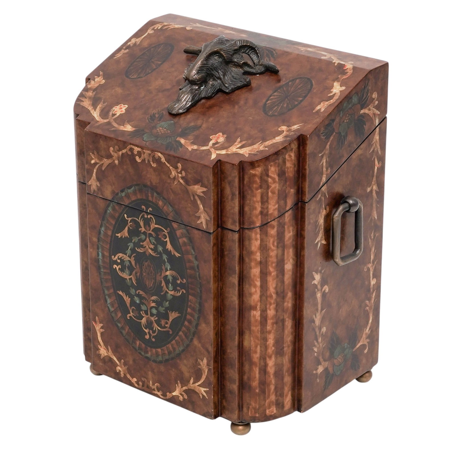 Castilian Imports Hinged Ram Wooden Box: Castilian Imports Hinged Ram Wooden Box 20th century, Chinese 20th century high-end home decor piece featuring wooden box, a hinged lid with ram bronze figural finial, ornate painted details, and a