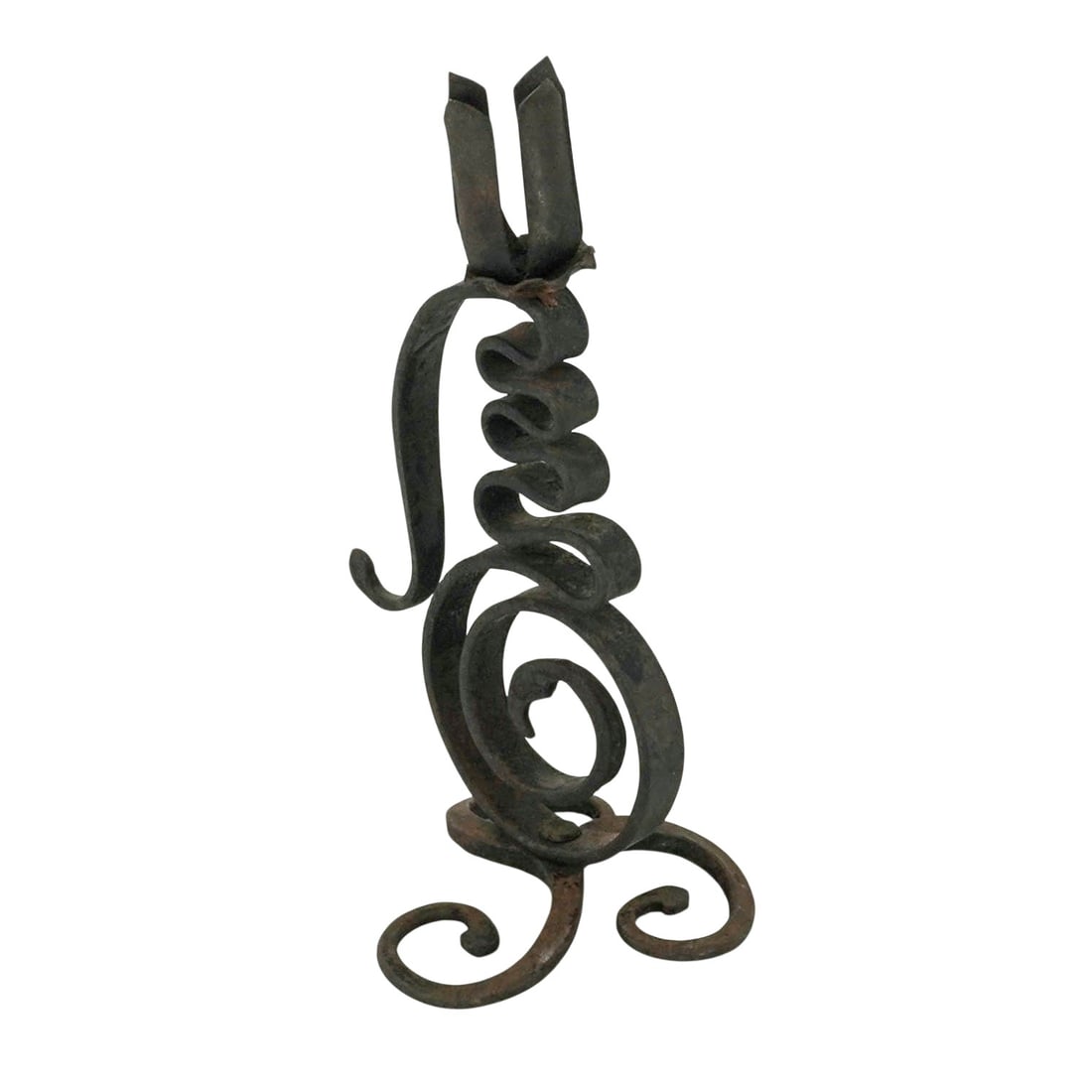 Rustic Wrought Iron Coiled-Stem Candlestick: Rustic Wrought Iron Coiled-Stem Candlestick 19th Cent. European Rustic wrought iron single-light candlestick featuring hand-forged scrollwork and a coiled stem terminating in a tulip-form candle cup.