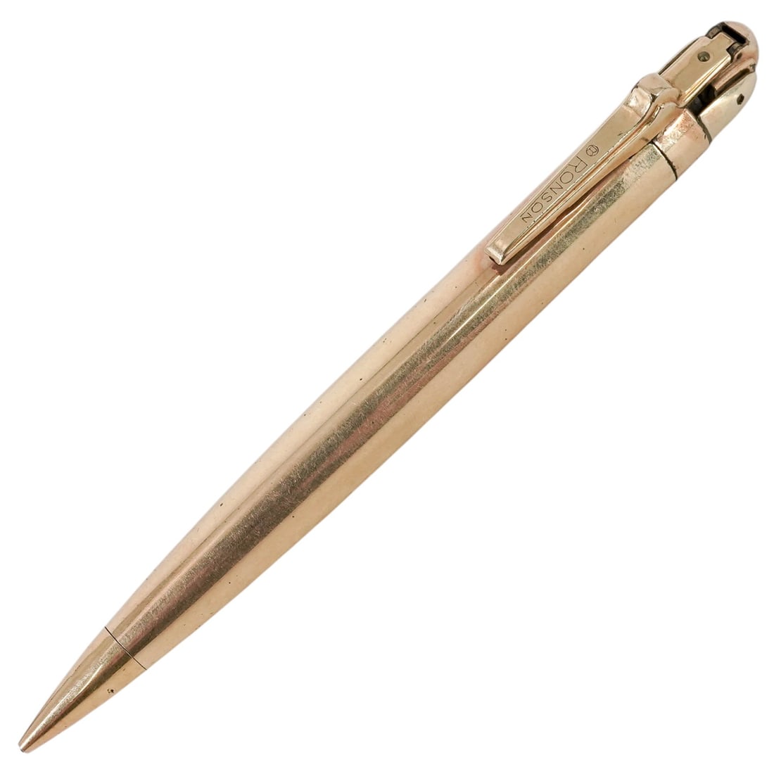Antique Ronson Rhodium & Gold-Filled 'Penciliter' Pen: Antique Ronson Rhodium & Gold-Filled 'Penciliter' Pen Early 20th Century, USA Presented in its original fitted case with blue velvet lining and printed interior reading, "Made in the U.S.A. / Ronson