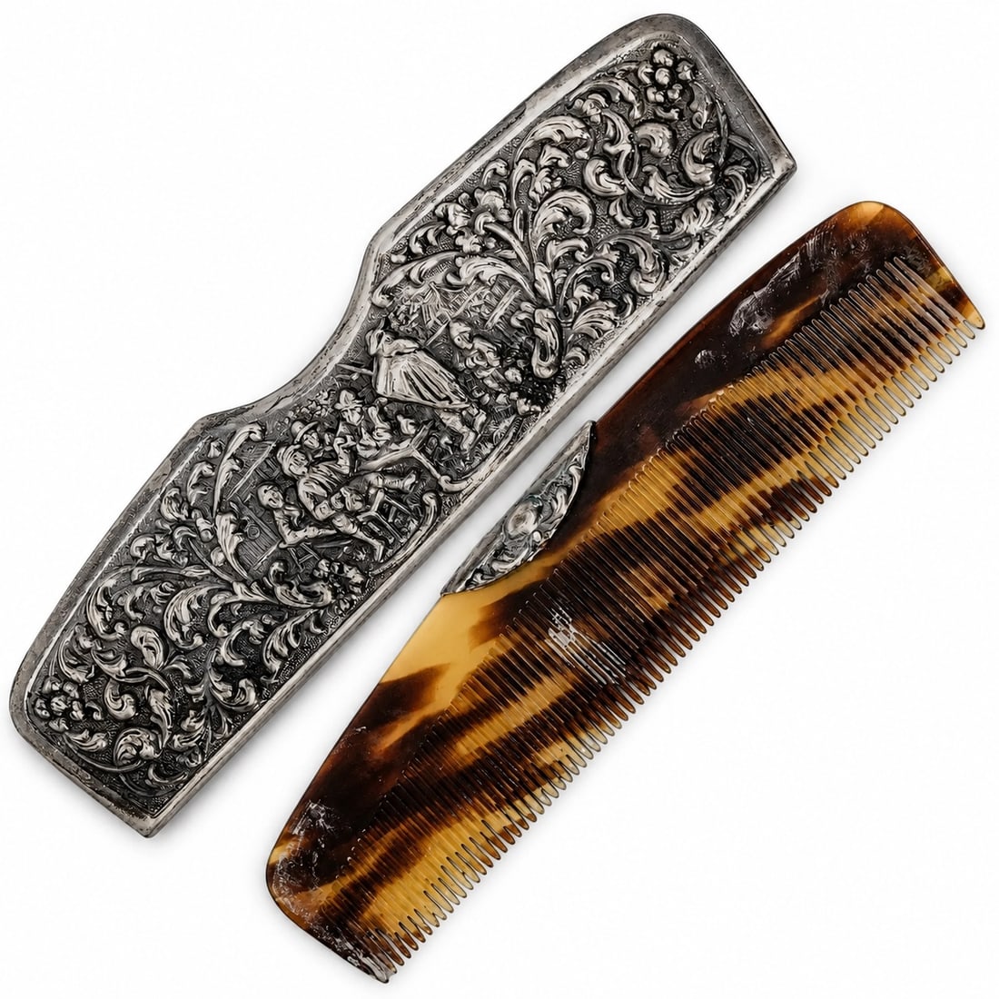 Vintage Herbert Hooijkaas .900 Silver Comb Case with Faux Tortoiseshell Comb: Vintage Herbert Hooijkaas .900 Silver Comb Case with Faux Tortoiseshell Comb Mid 20th Century, Dutch Herbert Hooijkaas .900 silver comb case decorated with a detailed repoussé tavern scene surrounded