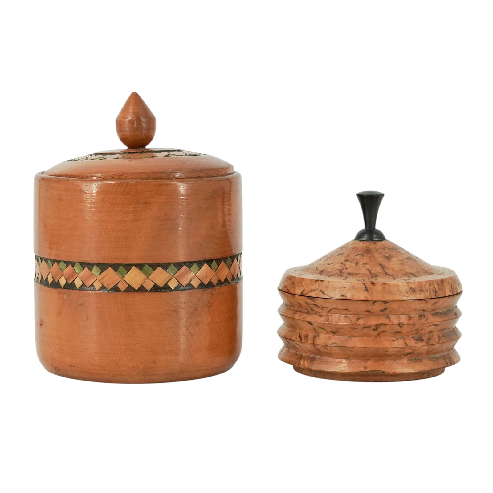 Pair Lidded Cylindrical Wooden Boxes - 2