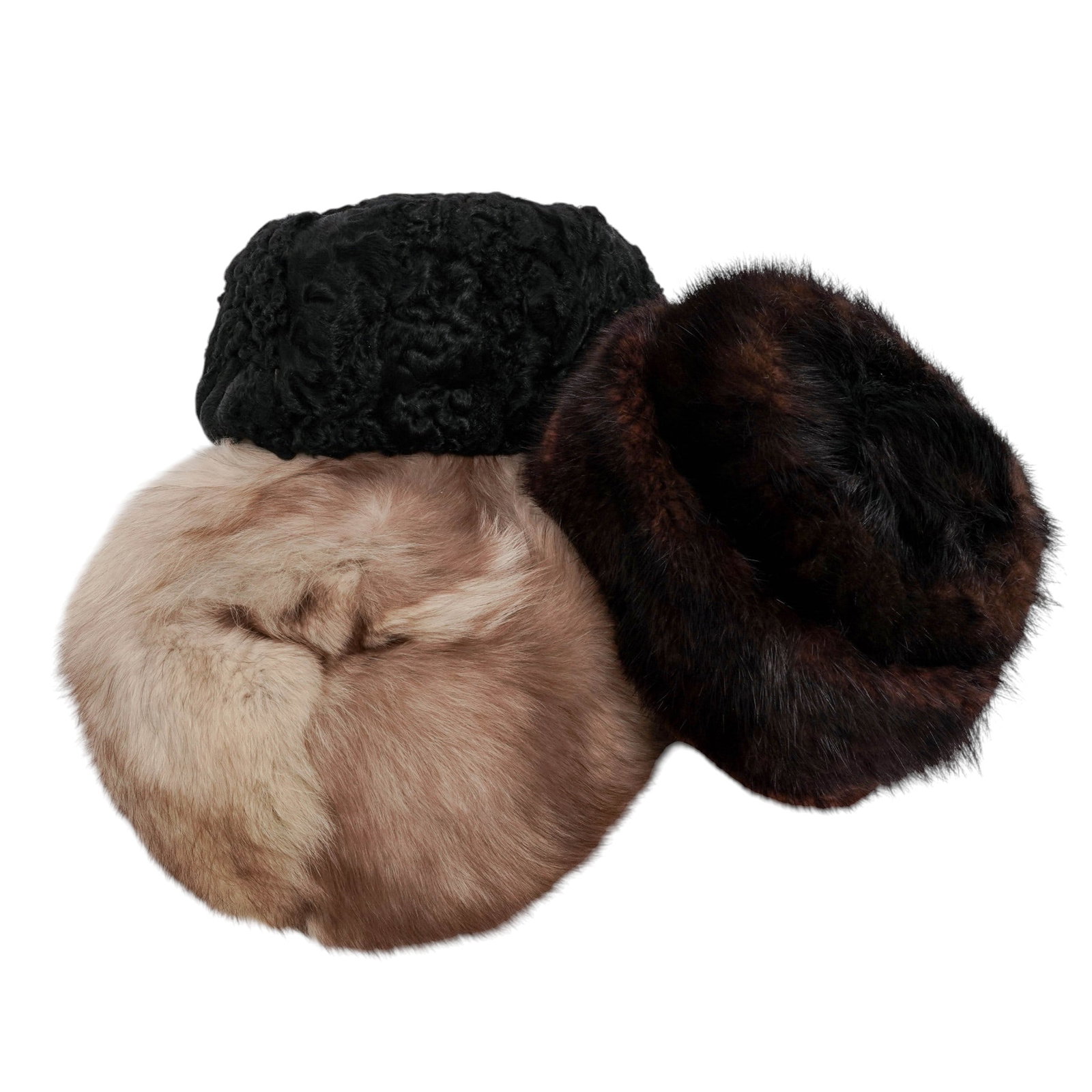 (3pc) Vintage Fur Hats Group: (3pc) Vintage Fur Hats Group 20th Cent. A group of three pieces made from authentic fur (also commonly known as Persian lamb or Astrakhan). It features a highly distinctive, tightly curled, and wavy
