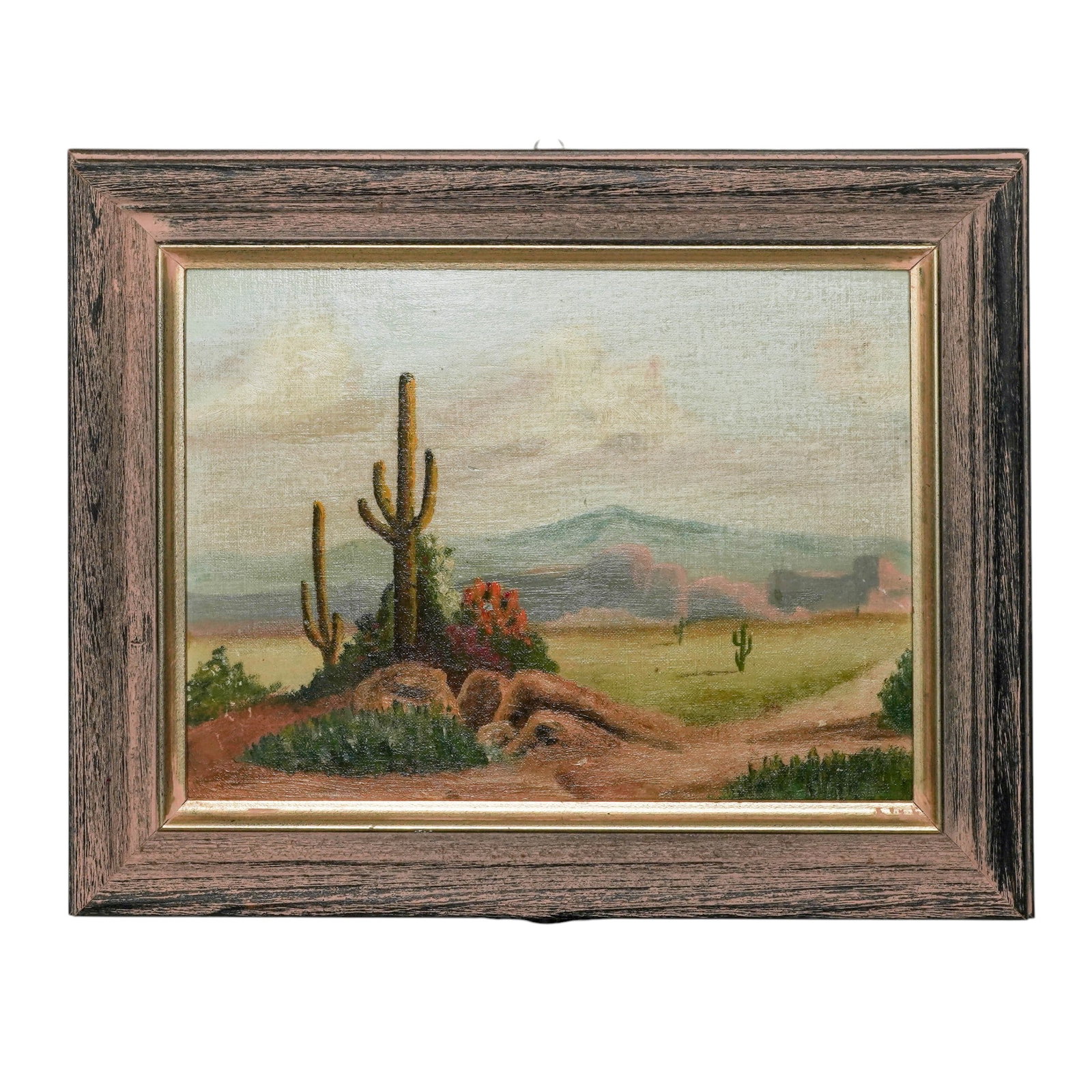 Signed W.G.N Desert Landscape Oil On Board Painting: Signed W.G.N Desert Landscape Oil On Board Painting 1943. Mexican This original oil painting depicts a serene desert landscape centered on a tall, multi-armed Saguaro cactus rising from a rocky mound 