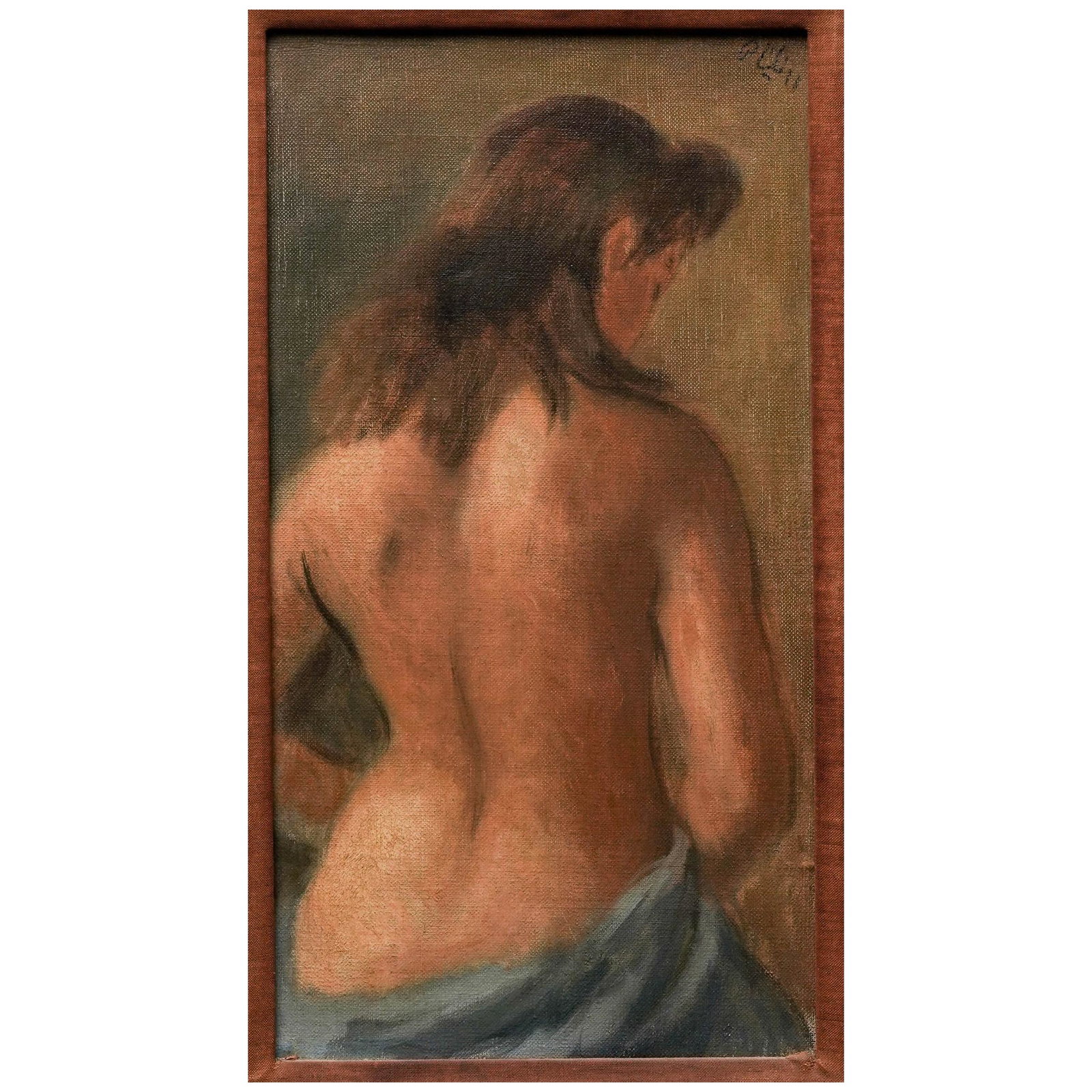 Signed Female Nude, Oil on Canvas Painting: Signed Female Nude, Oil on Canvas Painting 20th Century Artist-signed oil on canvas depicting a female nude shown from the back, her figure draped with a blue cloth at the waist. Executed in a soft, i