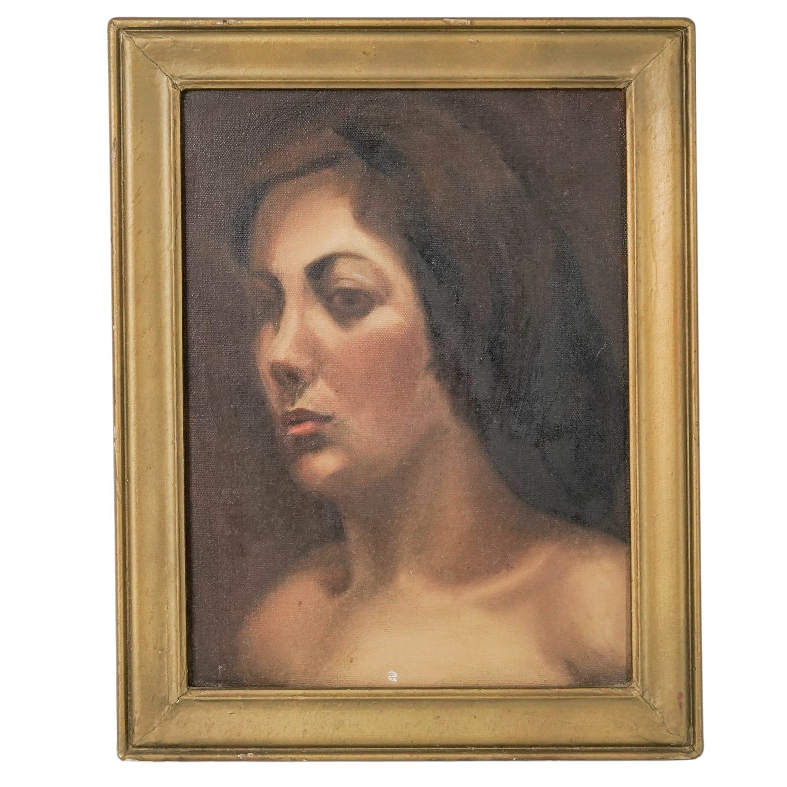 Martha Schur Oil On Canvas Painting of Female Portrait: Martha Schur Oil On Canvas Painting of Female Portrait 20th Cent. USA Oil on canvas painting depiction portrait of brunette woman. Warm brown and cream colored tones, with accented red lips. Signed