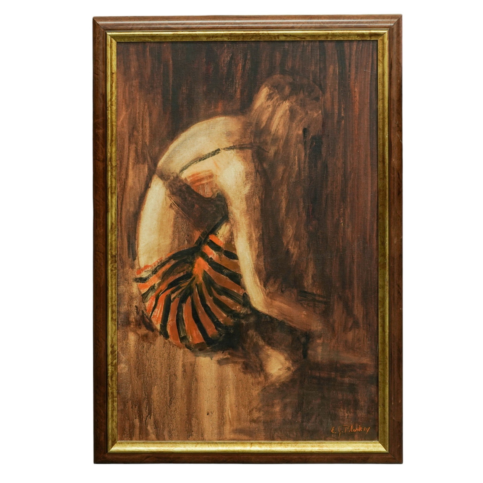 E.G. Plankey Signed Painting of Woman In Striped Outfit Painting: E.G. Plankey Signed Painting of Woman In Striped Outfit Painting Original signed painting by E.G. Plankey depicting a stylized female figure in a striped outfit. Executed in a decorative figurative