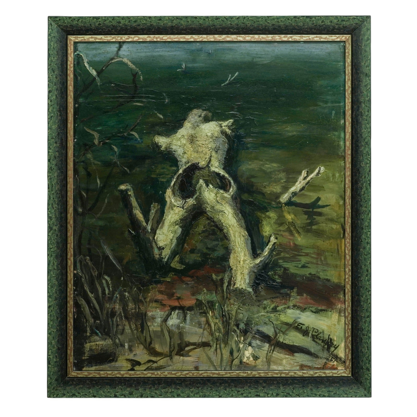 E.G. Plankey Signed Surrealist Painting: E.G. Plankey Signed Surrealist Painting Original signed painting by E.G. Plankey depicting a figurative scene of a body in a natural landscape setting, viewed from above in water. Executed in a