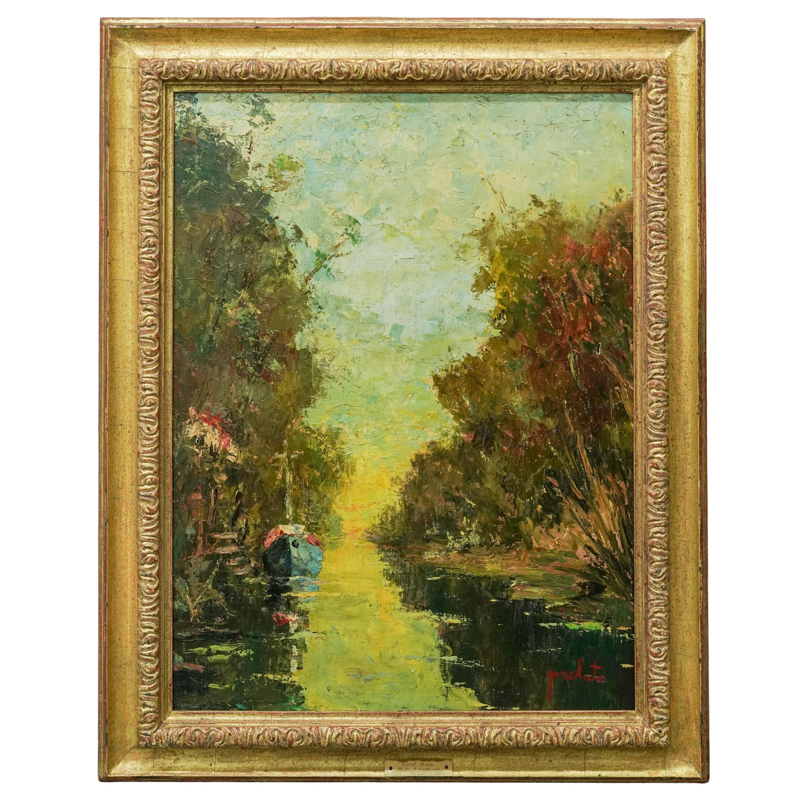 M.A. Prelato (Italian, 1964-) 'Canal Arias,' Oil on Canvas Painting: M.A. Prelato (Italian, 1964-) 'Canal Arias,' Oil on Canvas Painting 1967 Oil on canvas landscape depicting a tranquil waterway bordered by lush trees beneath a luminous sky. Signed by the artist, "Pre