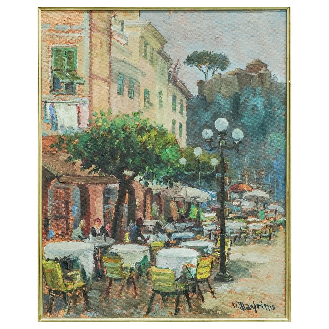 Antonio Manfrino (Italian 20th Cent.) "Caffe di Portofino" Oil On Canvas Painting: Antonio Manfrino (Italian 20th Cent.) "Caffe di Portofino" Oil On Canvas Painting 1980. Italian This composition presents an open-air café setting, capturing the relaxed atmosphere of a European