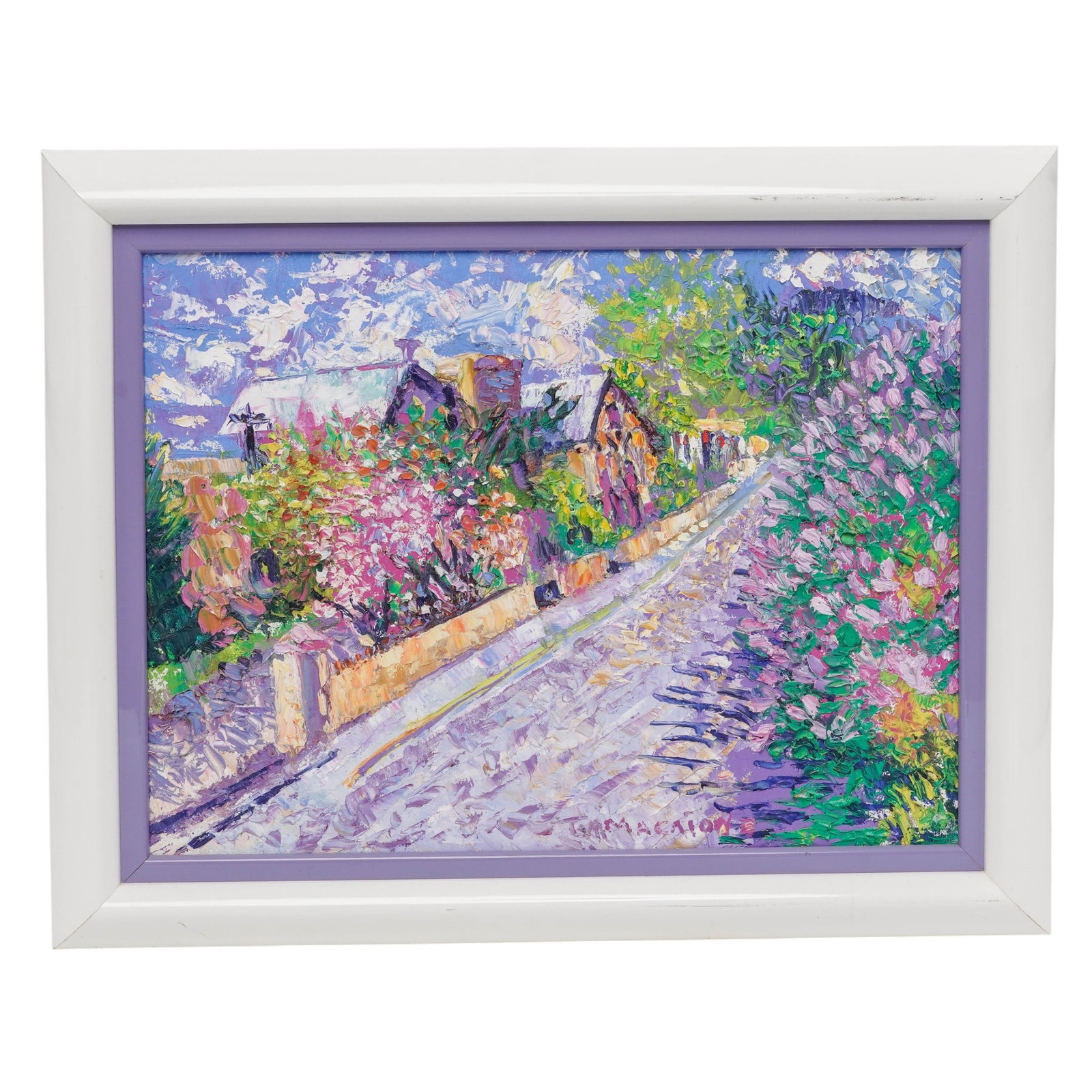 Tom S. Macaione (American, 1907-1992) 'Spring,' Oil on Canvas: Tom S. Macaione (American, 1907-1992) 'Spring,' Oil on Canvas 1988, USA Vibrant impressionist landscape depicting a blossoming village street lined with flowering trees and cottages beneath a bright b