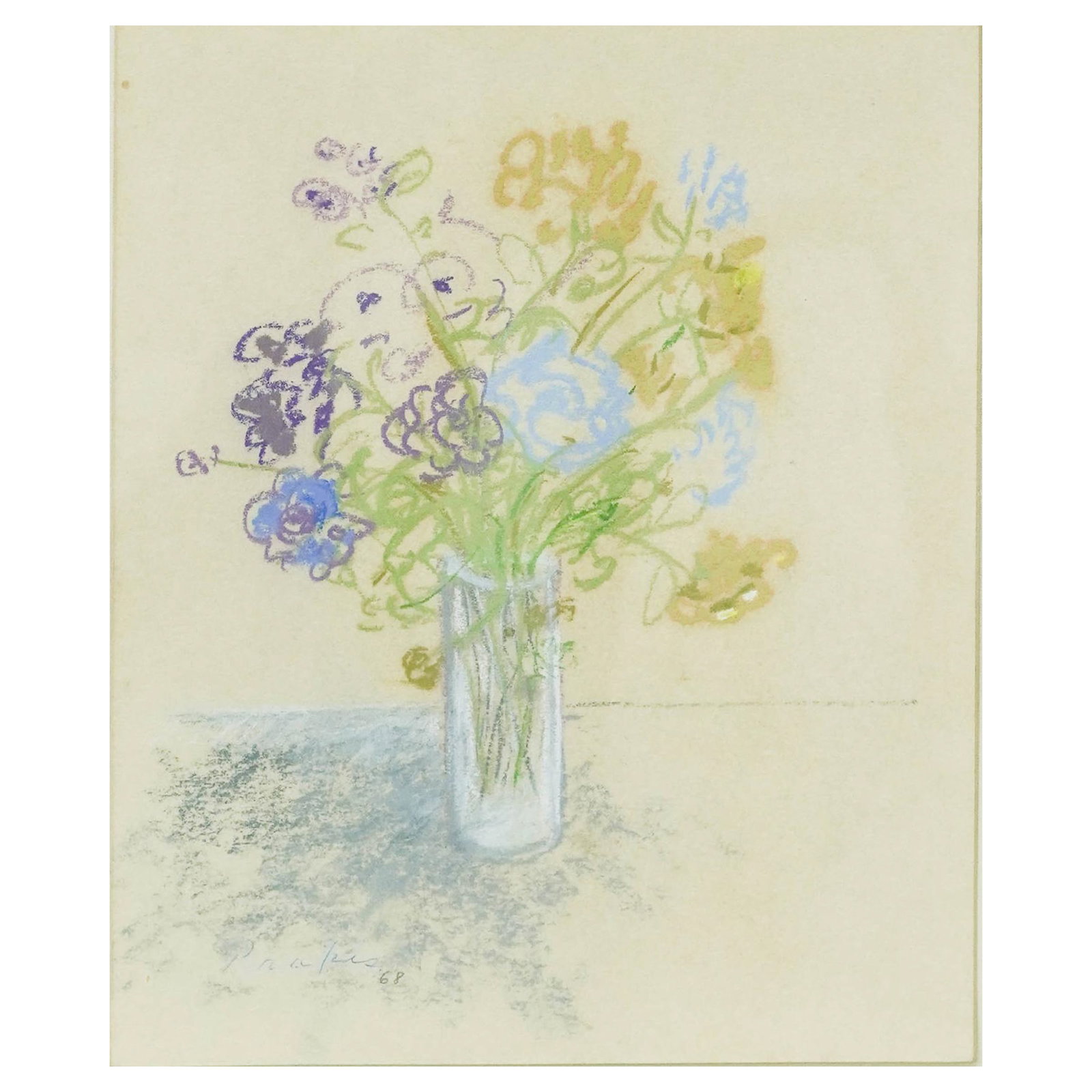 Socrates Perakis (American, 1929-2021) 'Flowers,' Pastel on Paper: Socrates Perakis (American, 1929-2021) 'Flowers,' Pastel on Paper 1968, USA Delicate still life depicting a bouquet of blue and yellow flowers arranged in a glass vase. Executed in pastel with loose,