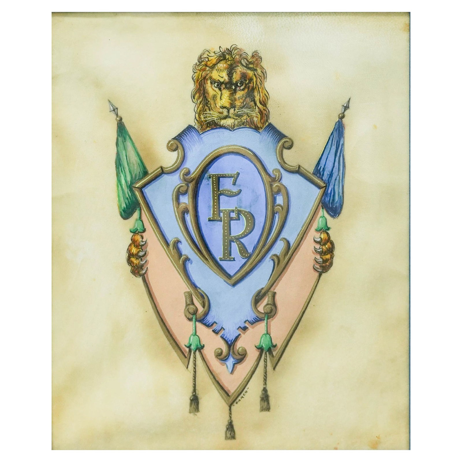 Vintage 'Barco' Coats of Arms with Lion, Mixed Media on Paper (1 of 6)