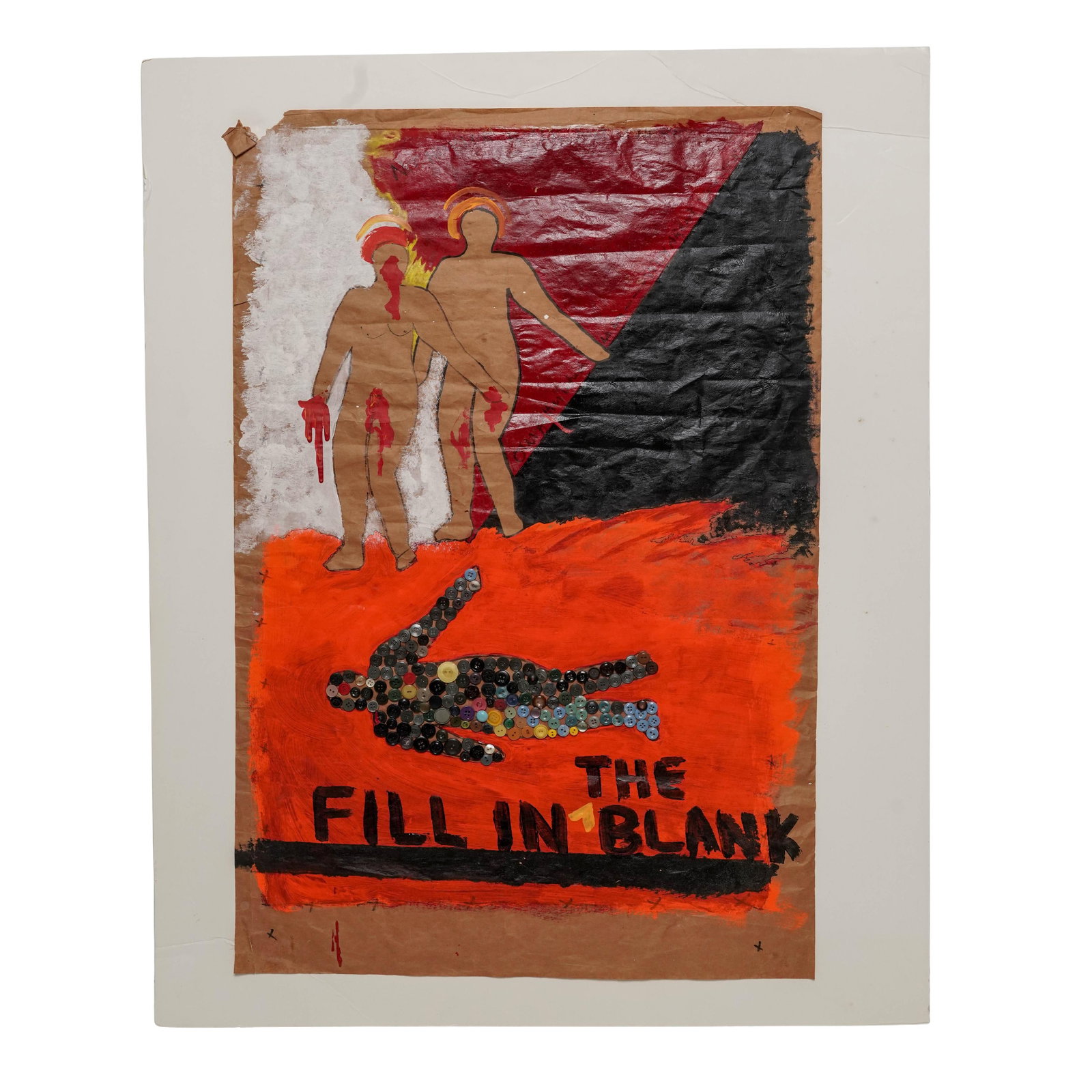 'Fill In The Blank,' Mixed Media on Paper: 'Fill In The Blank,' Mixed Media on Paper 20th Century, USA Provocative contemporary composition depicting two stylized standing figures and a prone figure against a bold geometric background of red, 