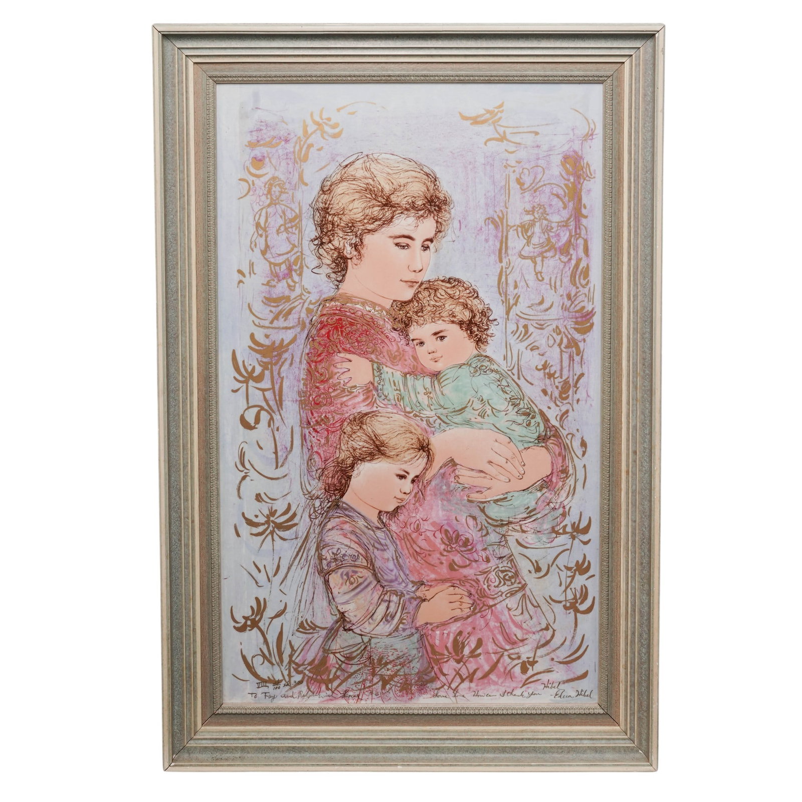 Edna Hibel "Bettina and Children" Porcelain Lithograph: Edna Hibel "Bettina and Children" Porcelain Lithograph USA Decorative porcelain lithograph by Edna Hibel depicting “Bettina and Children.” Enhanced with 24-karat gold signature and detailing, 