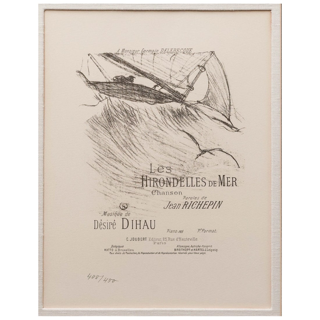 "Les Hirondelles de Mer" French Lithograph: "Les Hirondelles de Mer" French Lithograph c. 1978, French The top portion features a dark, sketch-style illustration depicting a sailboat tilting dynamically as it cuts through choppy, windswept wave