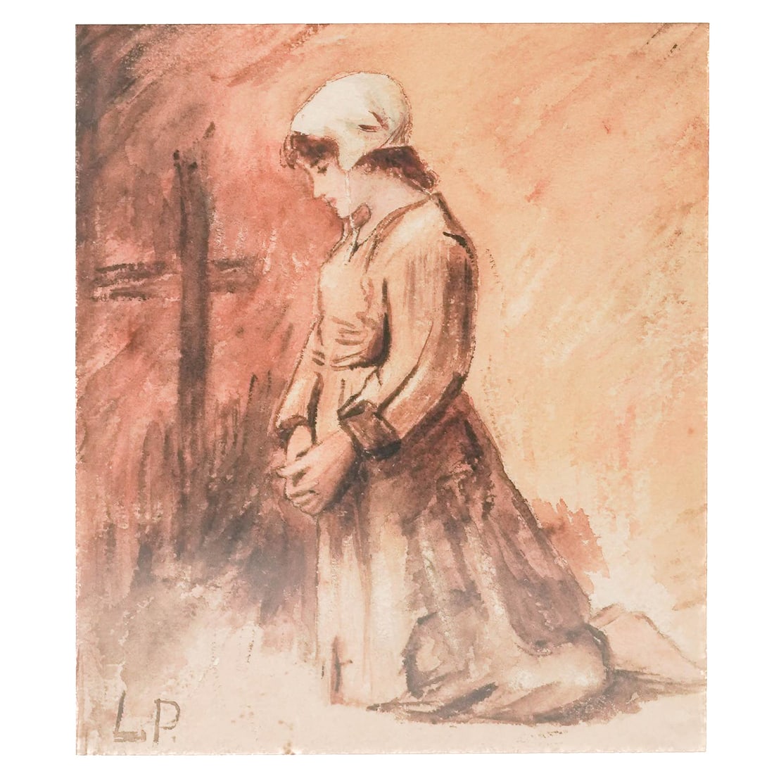 Signed Prayer Scene, Gouache on Paper: Signed Prayer Scene, Gouache on Paper 20th Century Depicting a kneeling young woman in prayer beside a simple wooden cross, rendered in muted sepia and brown tones. Executed in gouache with delicate l