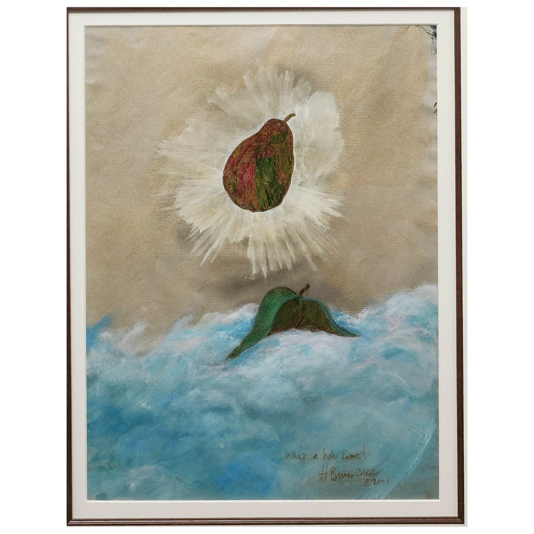 Bruce Carr, 'What a Holy Pear!', Oil On Canvas: Bruce Carr, 'What a Holy Pear!', Oil On Canvas 2001, USA Framed surrealist oil on canvas depicting a floating pear suspended above a cloud-like landscape, surrounded by radiant white brushwork. Signed