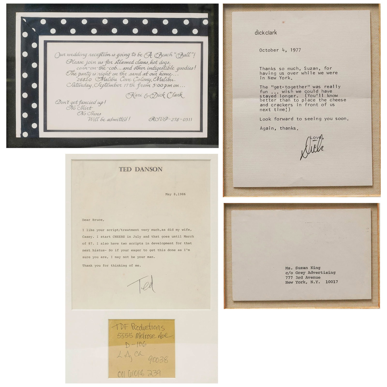 (3 pc) Framed Letters Of Ted Danson & Dick Clark (1 of 12)