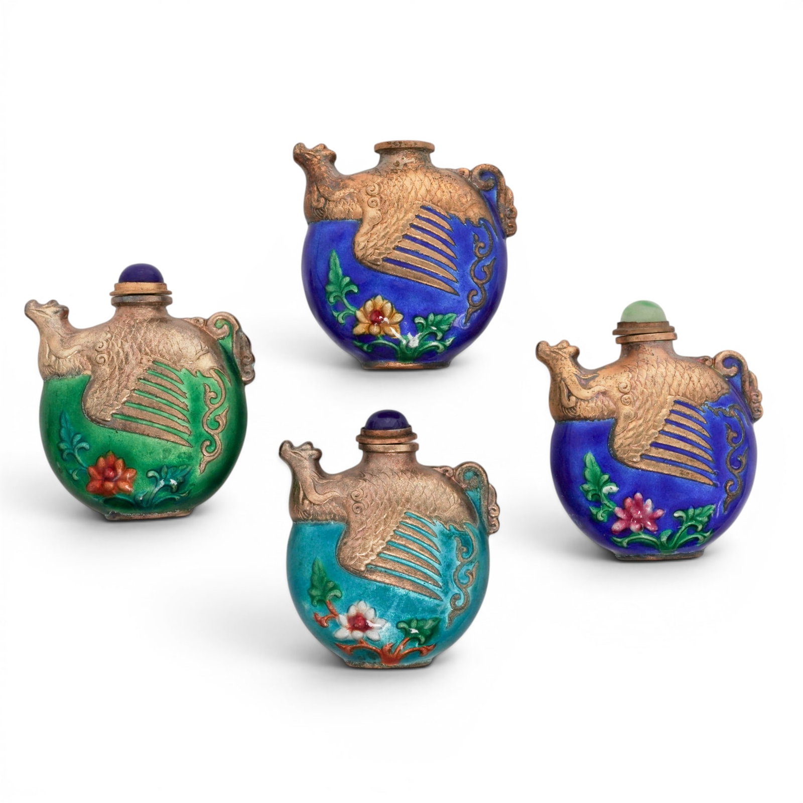 (4pc) Vintage Chinese Brass Enameled Snuff Bottle Group (1 of 14)