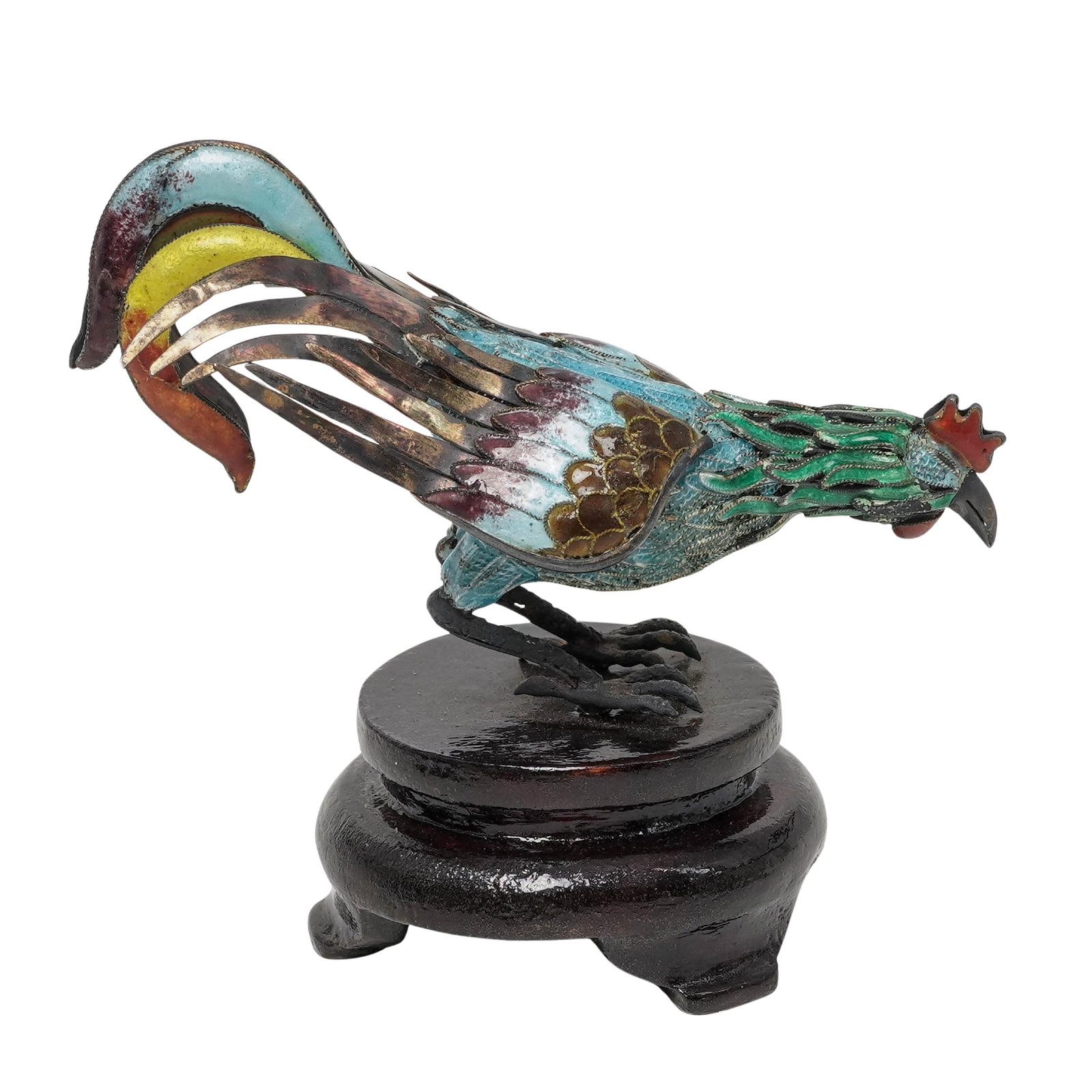 Vintage Chinese Silver Enamel Rooster Figurine: Vintage Chinese Silver Enamel Rooster Figurine 20th Century, China Decorative Chinese cloisonné enamel rooster featuring intricate wirework cells filled with colorful enamel decoration throughout the