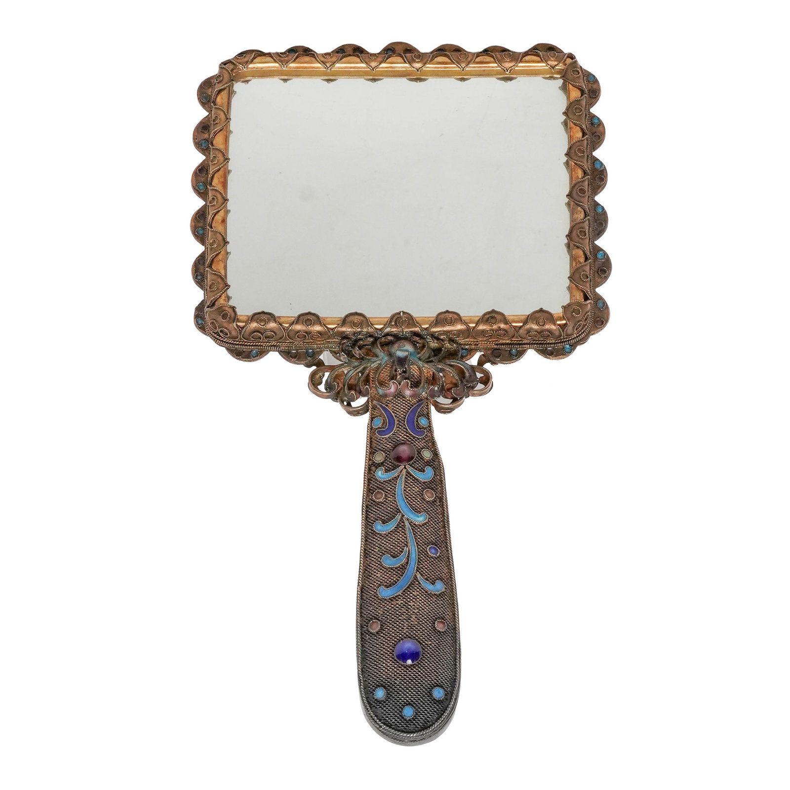 Antique Chinese Gilt Silver & Carved Jade Hand Mirror: Antique Chinese Gilt Silver & Carved Jade Hand Mirror Early 20th Century, China Elegant Chinese vanity mirror combining carved jade, gilt silver filigree, and cloisonné-style enamelwork. The reverse