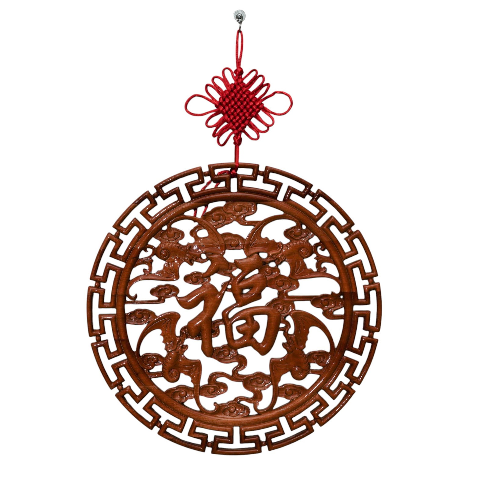 Chinese Peach Wood 'Fu' Carving: Chinese Peach Wood 'Fu' Carving 20th Century, China Finely carved Chinese peachwood wall plaque featuring the auspicious character "Fu" at center, symbolizing blessings, good fortune, and prosperity.