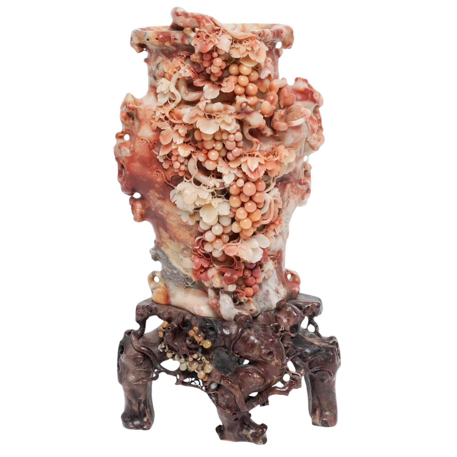 Chinese Hand Carved Soapstone Vase: Chinese Hand Carved Soapstone Vase Mid 20th Cent., Chinese Made of soapstone, which is a soft stone that carves easily. It has natural colors of orange, red, tan, and cream mixed. The front is covered