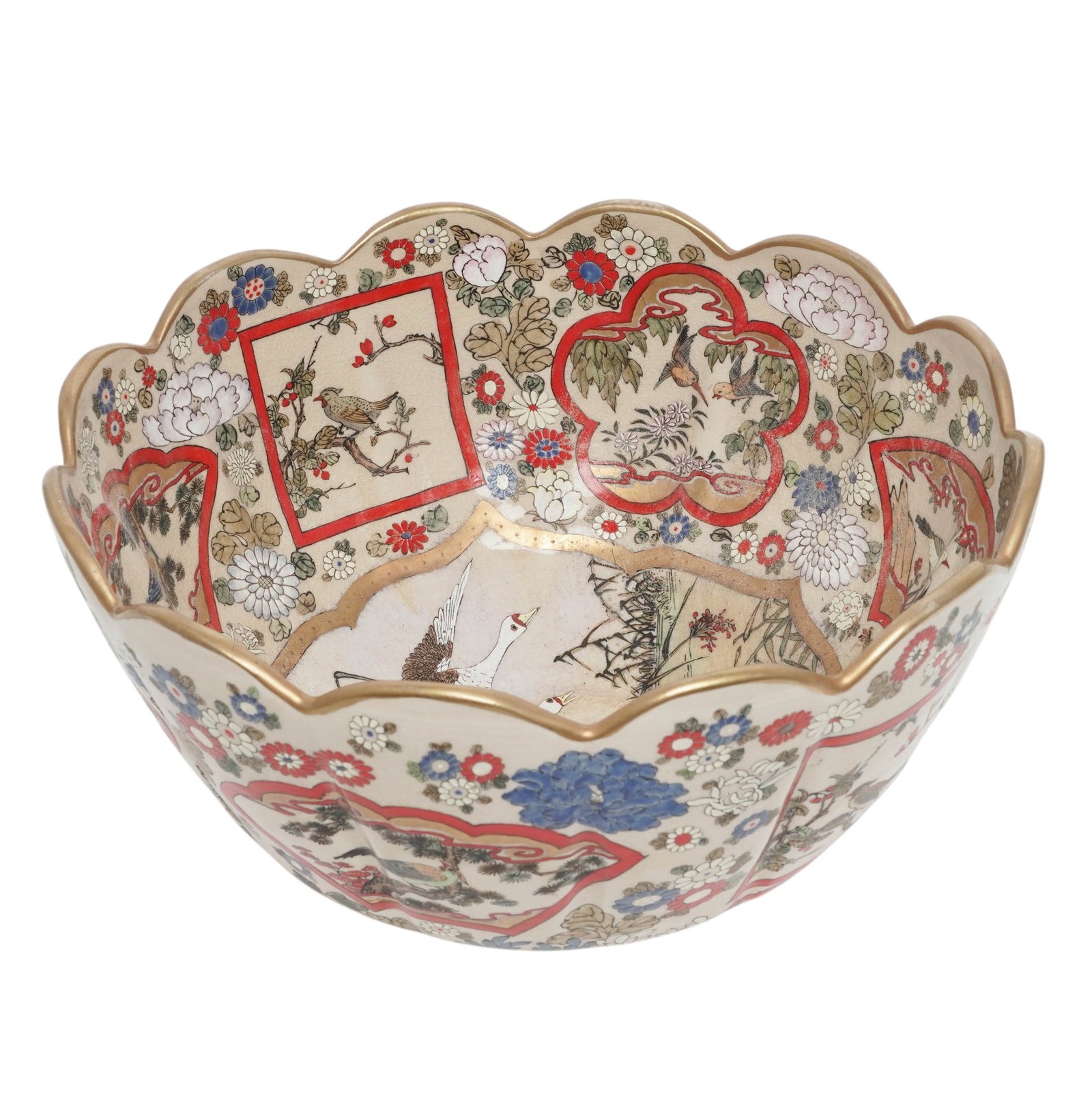 Antique Japanese Satsuma Crane Bowl: Antique Japanese Satsuma Crane Bowl Late 19th to Early 20th Century, Japan Japanese Satsuma earthenware bowl of scalloped form, richly decorated in polychrome enamels and gilt. The interior features