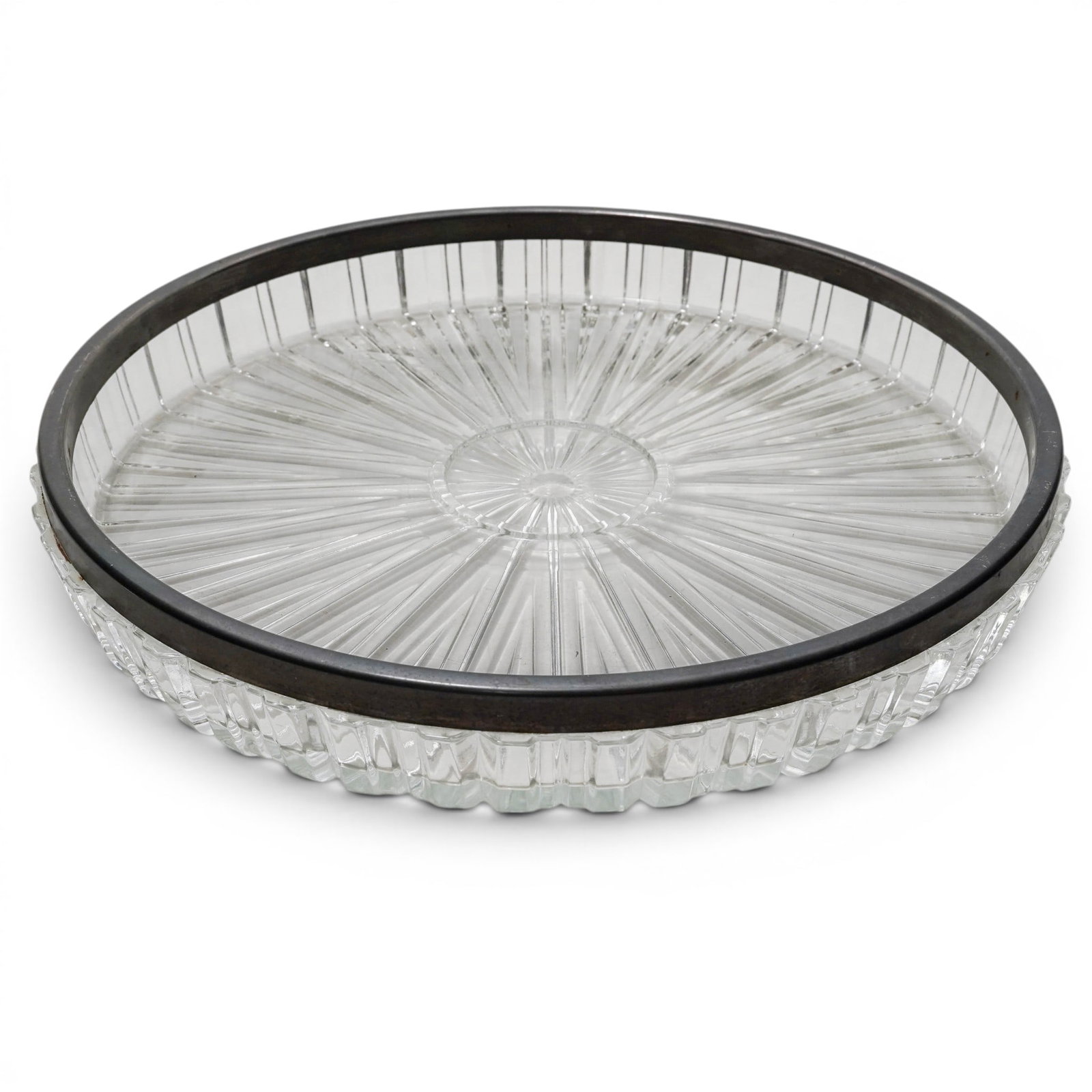 Silver Mounted Glass Starburst Round Serving Tray: Silver Mounted Glass Starburst Round Serving Tray Mid 20th Century, Likely Italy Decorative round serving tray featuring a clear glass surface with an etched or molded starburst design, enclosed by a
