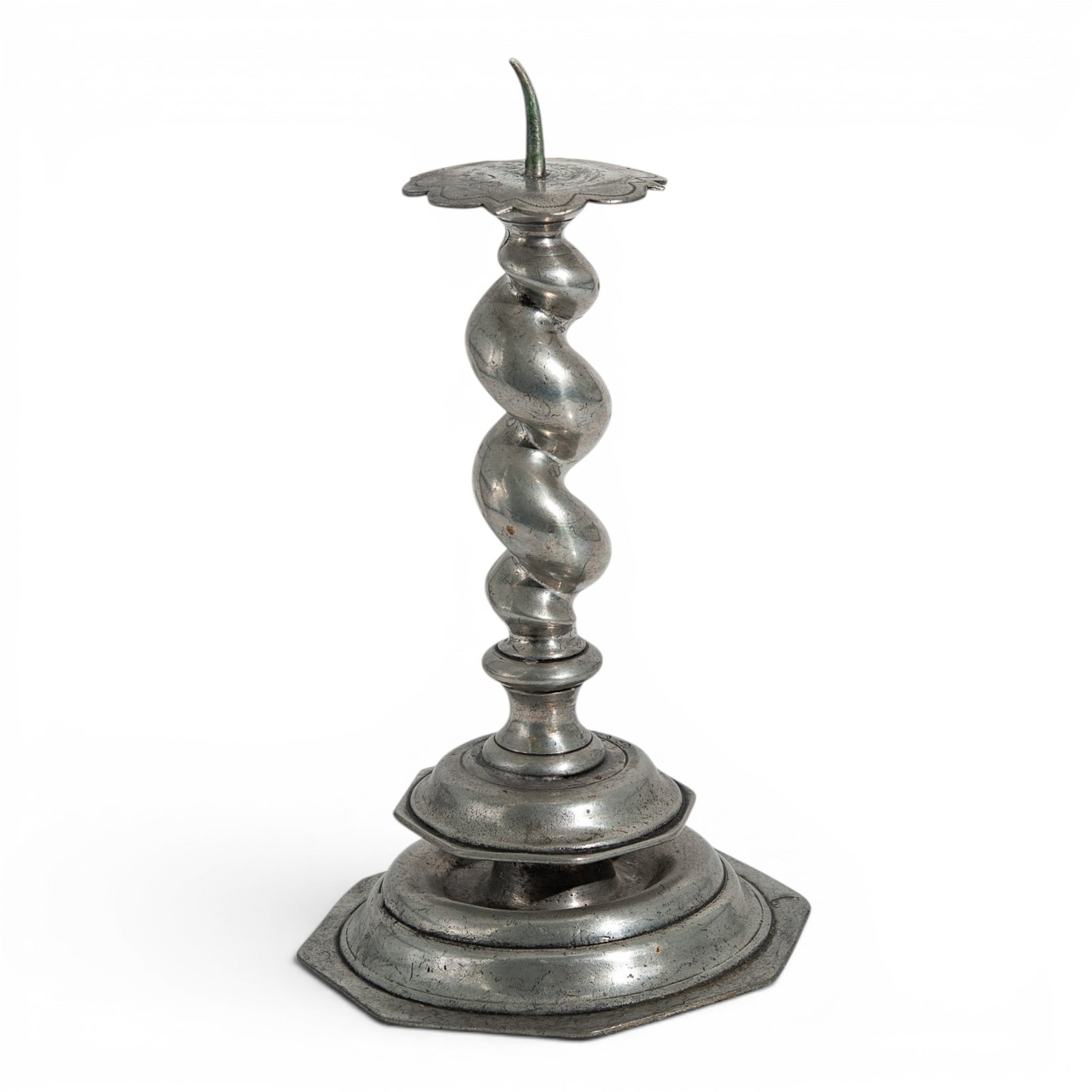 Antique Pewter Spiral Barley Twist Pricket Candlestick: Antique Pewter Spiral Barley Twist Pricket Candlestick 18th century, European Finding multiple stamps on the drip pan in addition to the base and mid-section two stamps is highly consistent with 17th