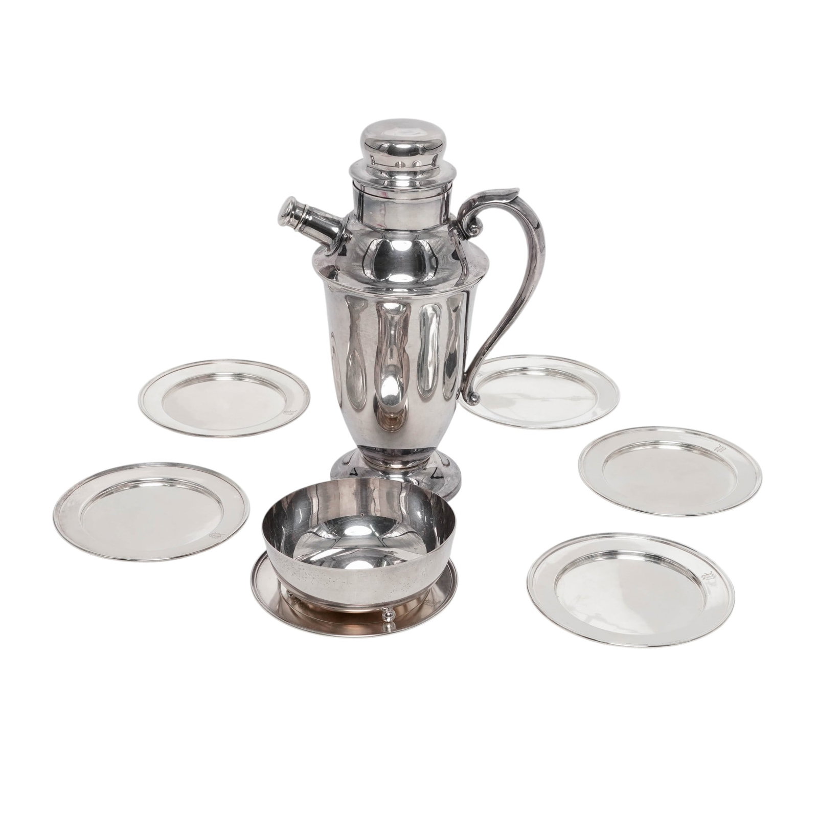 (8 Pc) Art Deco Silver Plate Martini Shaker, Serving Bowl, and Dessert Plates (1 of 13)
