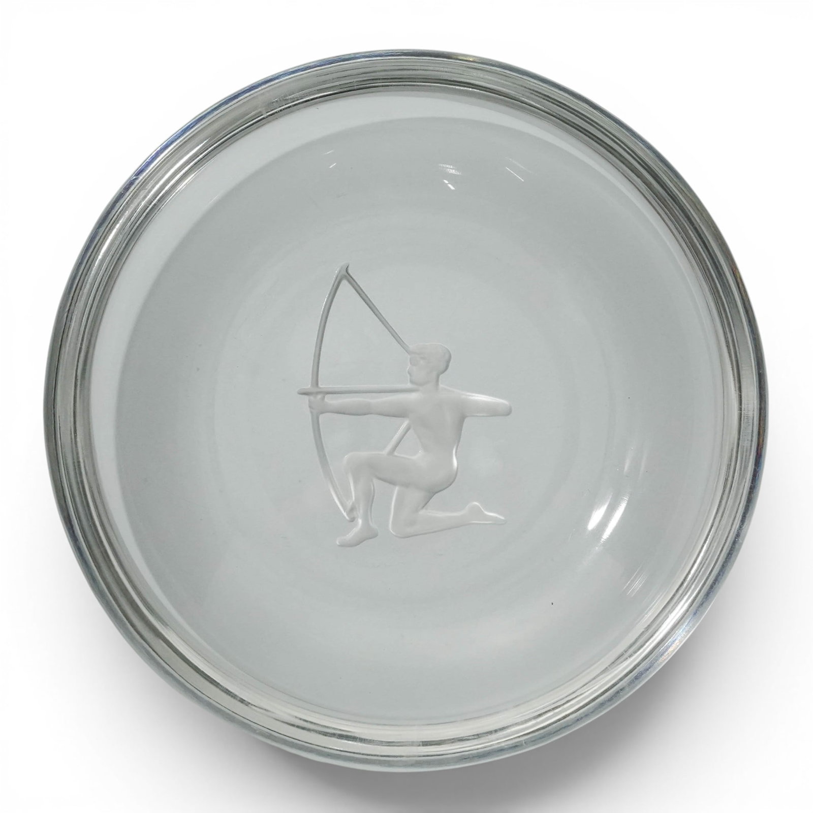Val St. Lambert Sagittarius Crystal Candy Dish: Val St. Lambert Sagittarius Crystal Candy Dish 1970's, Belgium Decorative frosted glass piece featuring the Sagittarius zodiac symbol. The matte finish softens the design while highlighting the