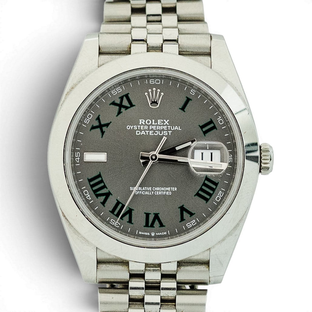 Rolex Datejust 41MM "Wimbledon" Watch REF 126300: Rolex Datejust 41MM "Wimbledon" Watch REF 126300 2020s, Swiss Rolex Oyster Perpetual Datejust 41 in Oystersteel, reference "126300", with 41mm case, smooth bezel, slate Wimbledon dial with green Roman