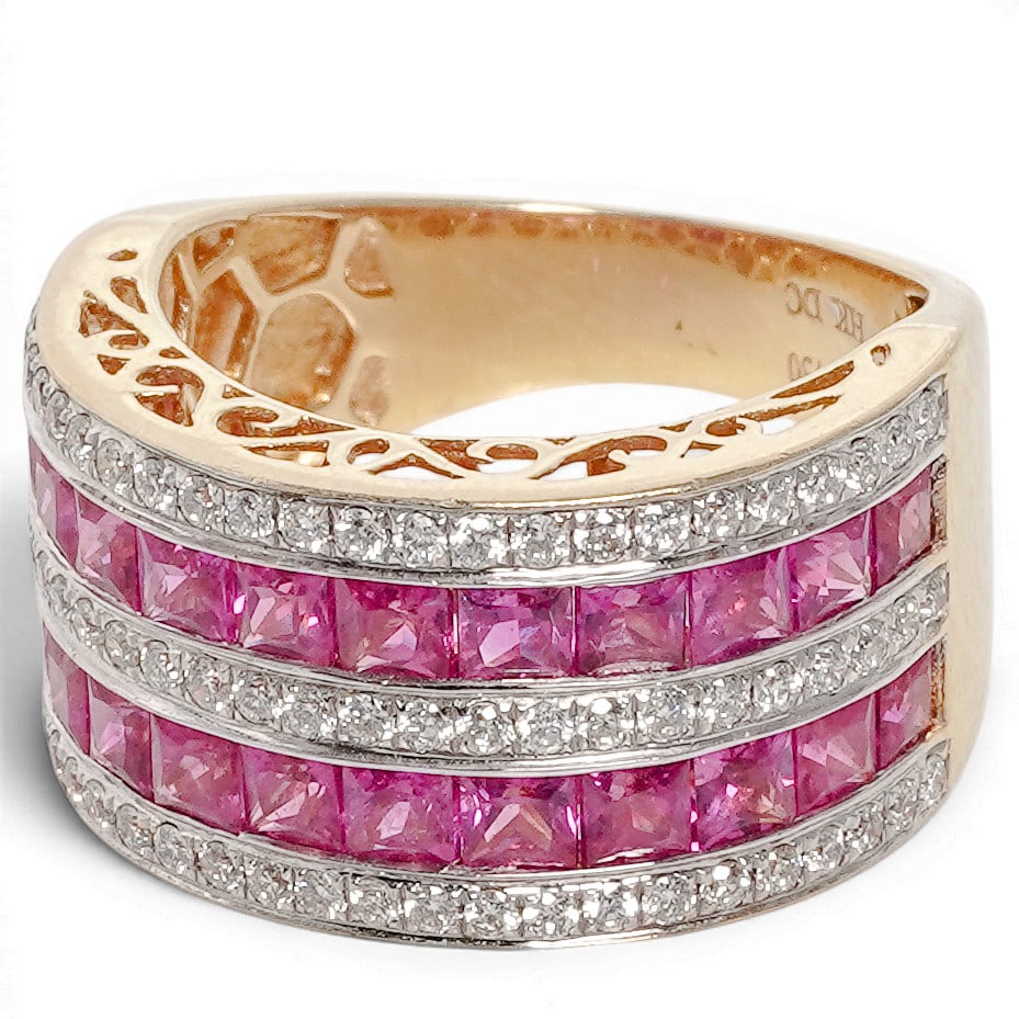 18k Gold Ruby & Diamond Channel Set Ring Signed - 2