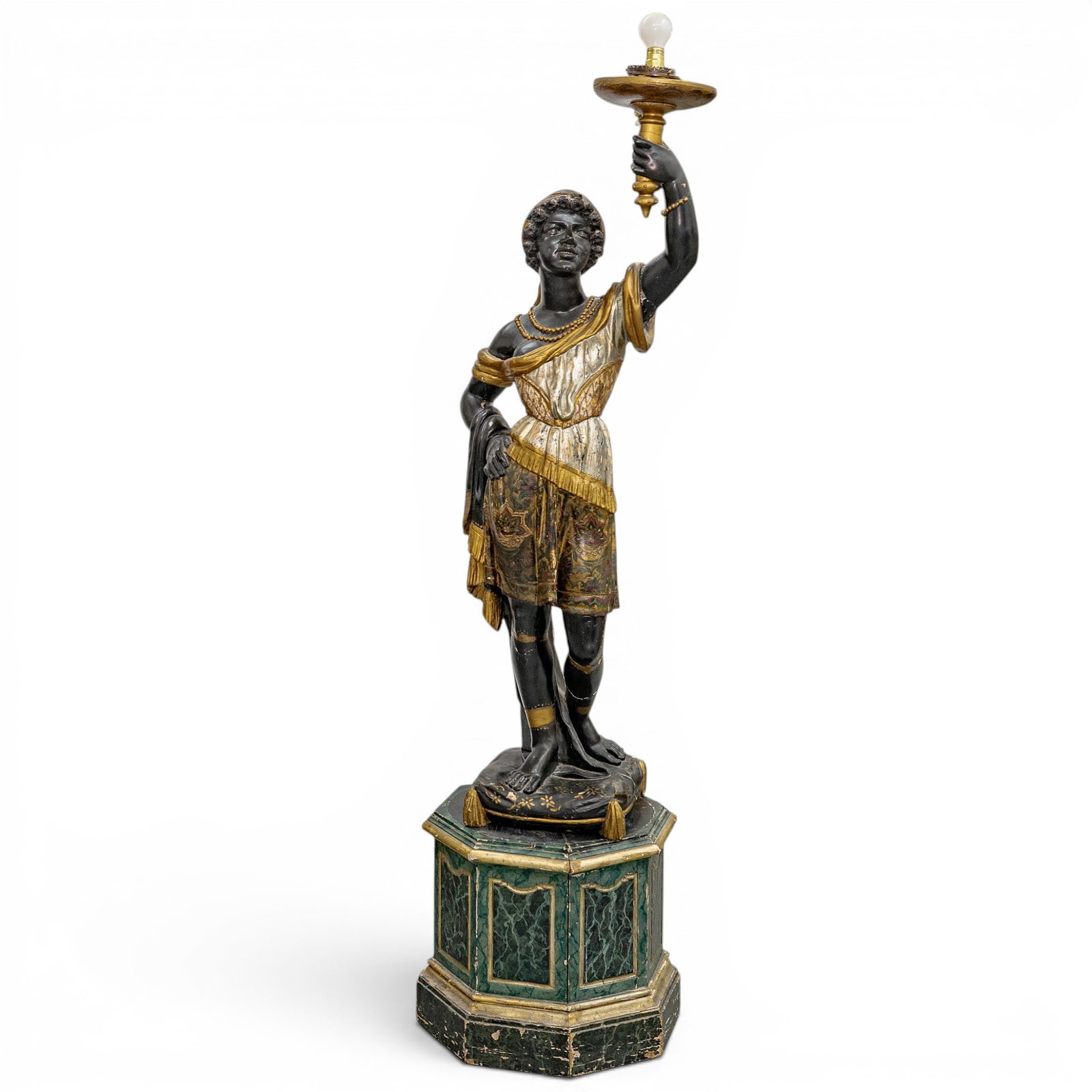 19th Cent. Venetian Carved Wood Blackamoor Torchiere: 19th Cent. Venetian Carved Wood Blackamoor Torchiere 19th century, Italian 19th-century Venetian Blackamoor torchiere statue, a classic example of Italian gilded and polychromed carved wood with gesso