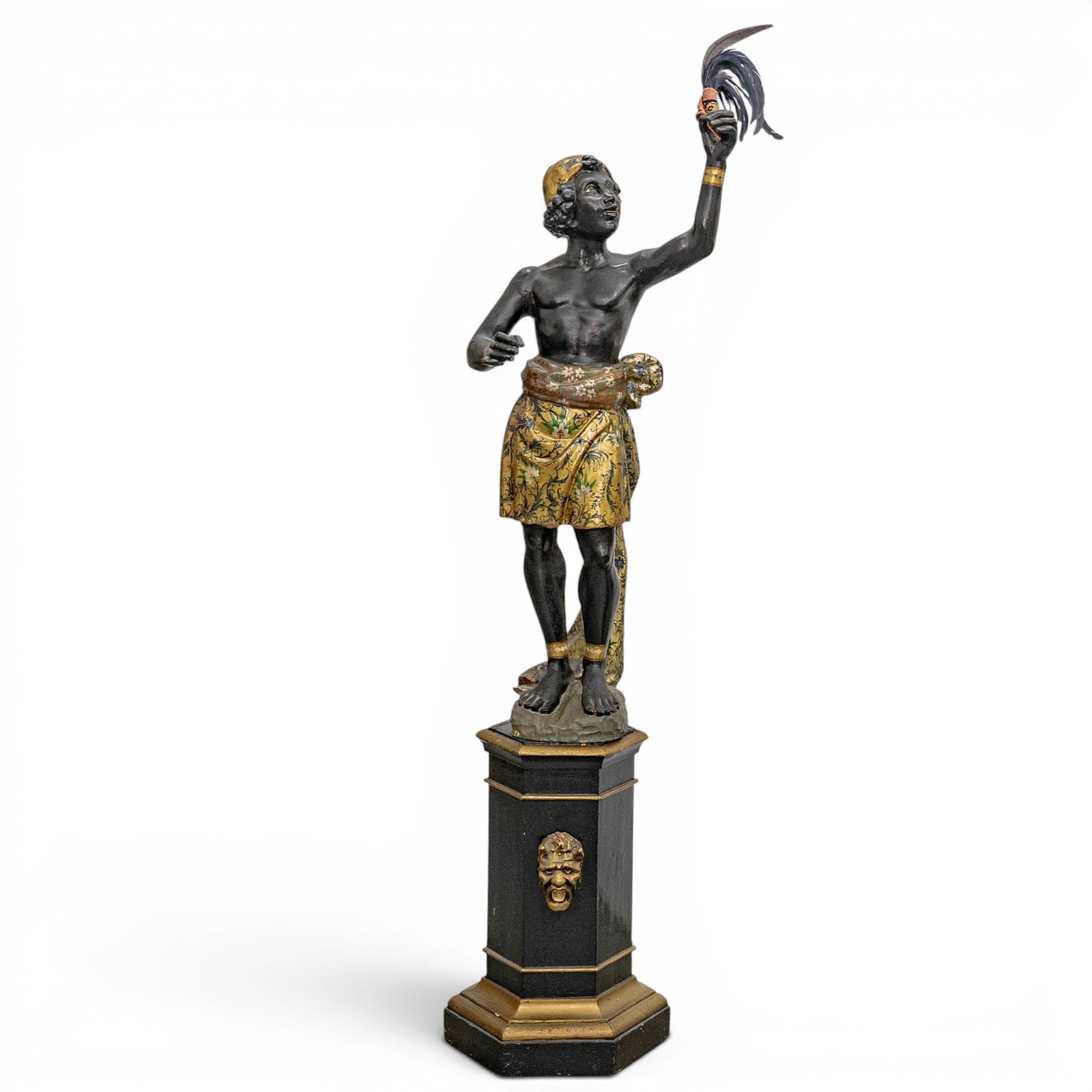 19th Cent. Venetian Carved Wood Blackamoor Torchiere: 19th Cent. Venetian Carved Wood Blackamoor Torchiere 19th century, Italian 19th-century Venetian Blackamoor figural statue, a classic example of Italian gilded and polychromed decorative art. Historic