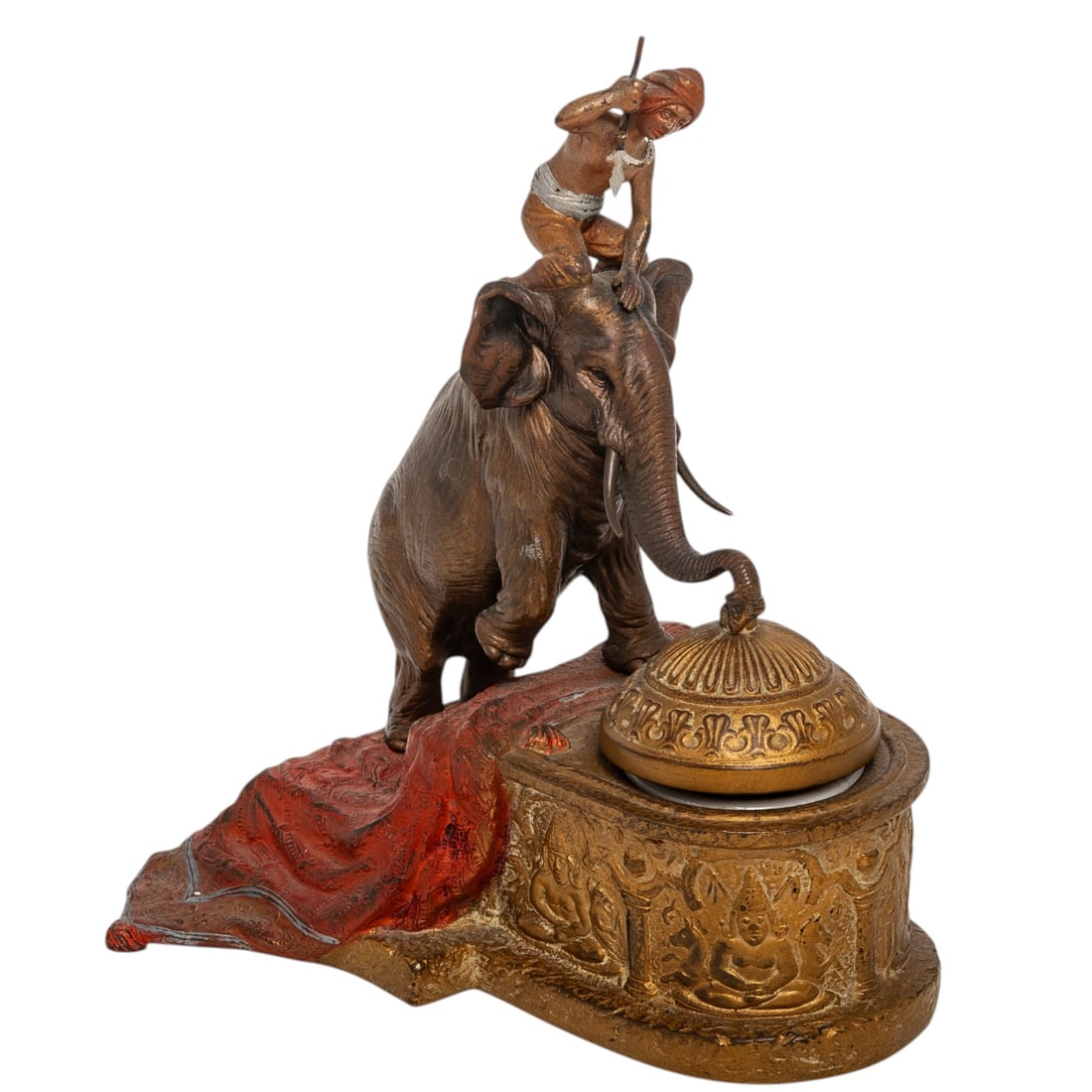 Franz Bergman (1861-1936) Elephant Rider Bronze Inkwell: Franz Bergman (1861-1936) Elephant Rider Bronze Inkwell Late 19th Century, Austria Finely cast cold-painted bronze inkwell rider atop a richly caparisoned elephant, with the inkwell cleverly integrate