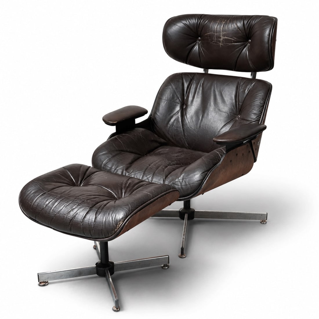 (2 pcs) MCM Plycraft Eames Style Leather Chair & Ottoman (1 of 7)