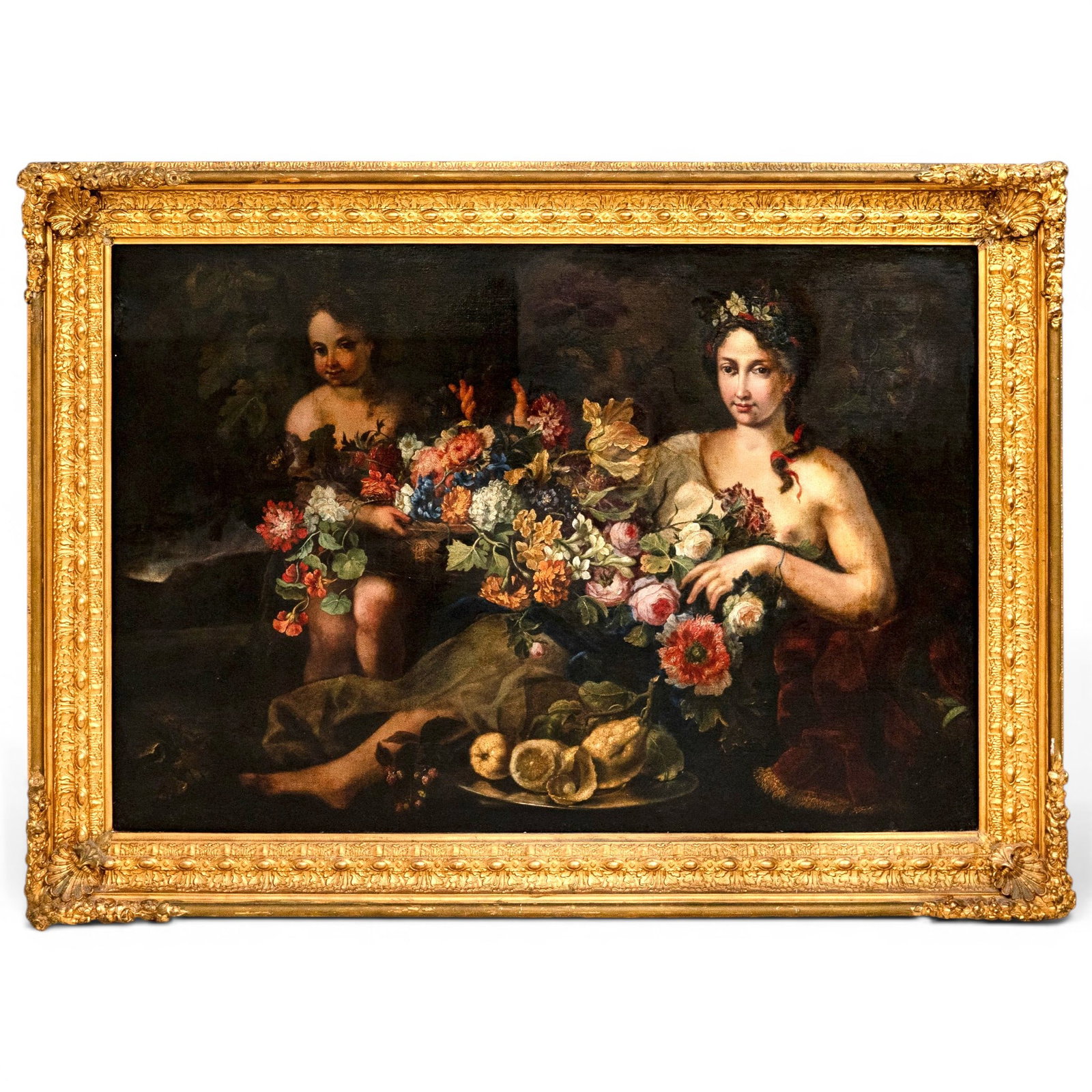Large 19th Cent. Oil on Canvas Still-Life: 64Large 19th Cent. Oil on Canvas Still-Life 19th Cent. Antique Oil on canvas painting, depiction two women, one holding a planter of overflowing flowers, the other basking in the flowers while loungin