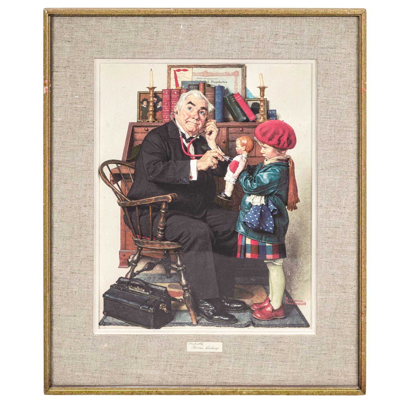 Norman Rockwell (1894-1978) "Doctor & The Doll" Lithograph w/ Handwritten Note: Norman Rockwell (1894-1978) "Doctor & The Doll" Lithograph w/ Handwritten Note C. 1977, USA Norman Rockwell print titled "The Doctor and The Doll" captures a heartwarming moment in Americana. Produced