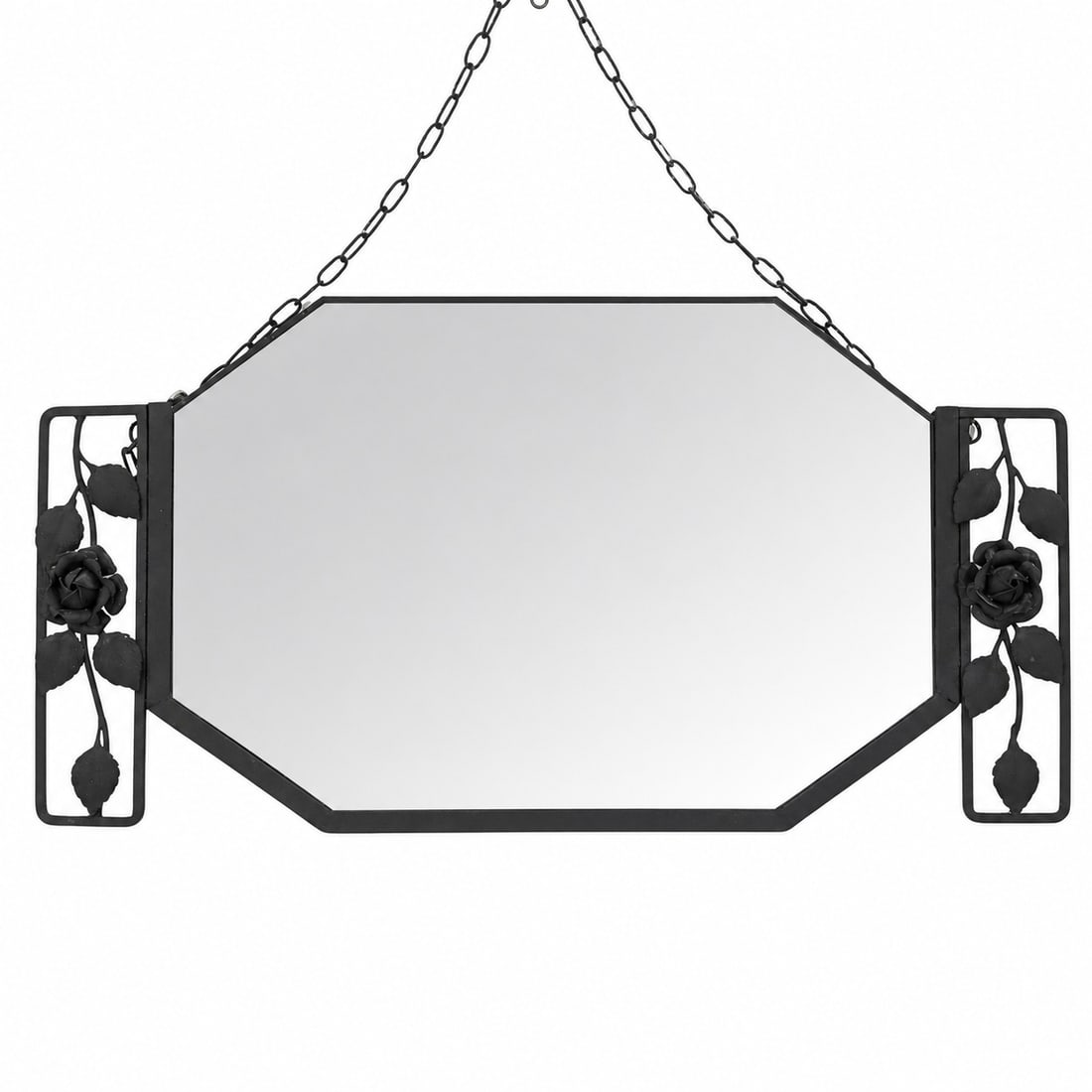French Art Deco Wrought Iron Rose & Vine Mirror: French Art Deco Wrought Iron Rose & Vine Mirror 1930s, French French Art Deco wrought iron mirror with rectangular mirror plate enclosed by a hand-worked iron frame. Frame decorated with rose blossoms