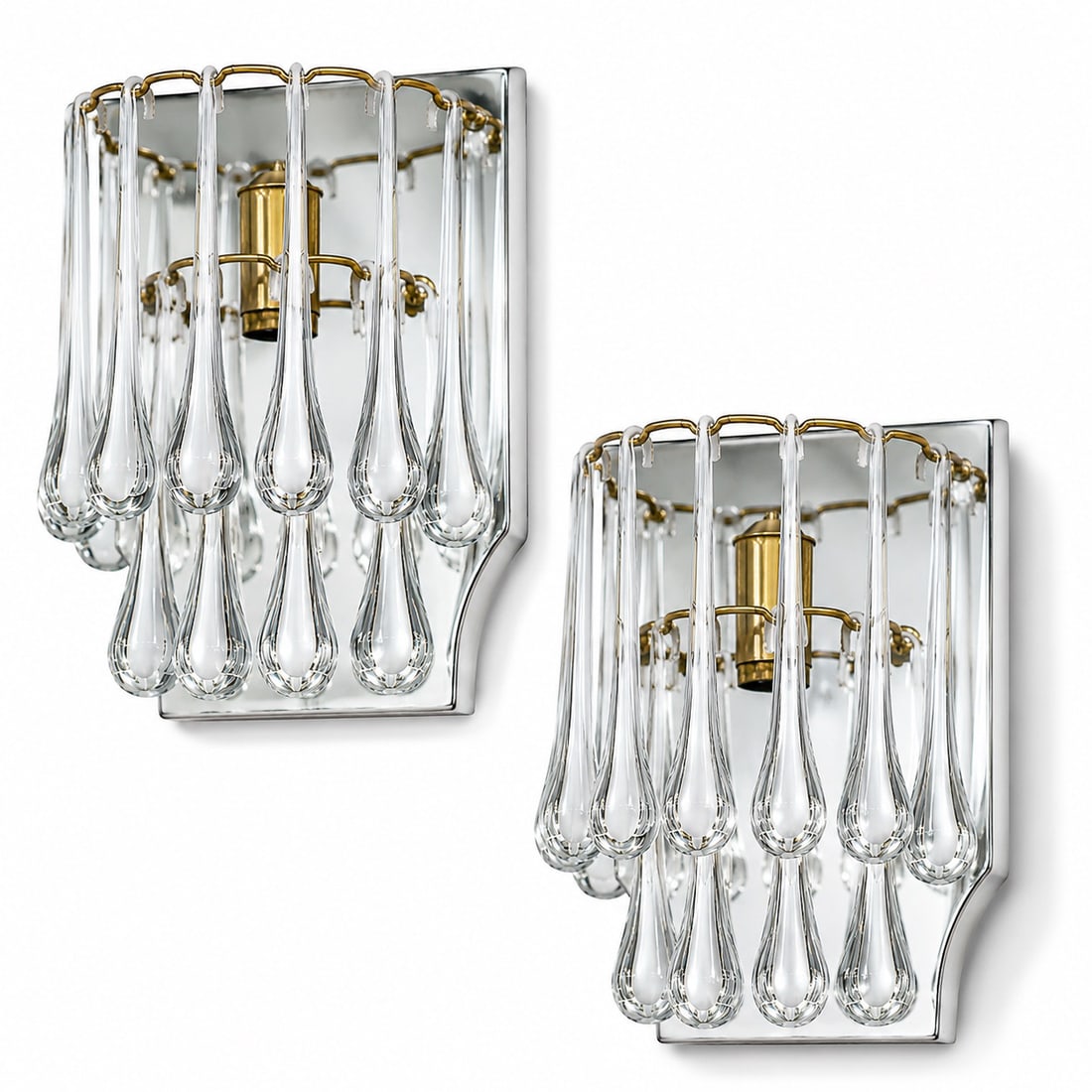 Pair of Mid Century Mirrored Glass Sconces: Pair of Mid Century Mirrored Glass Sconces Mid to late 20th century Vintage mirrored wall sconces featuring polished brass hardware and multiple delicate, white and clear hand-blown glass teardrop pri