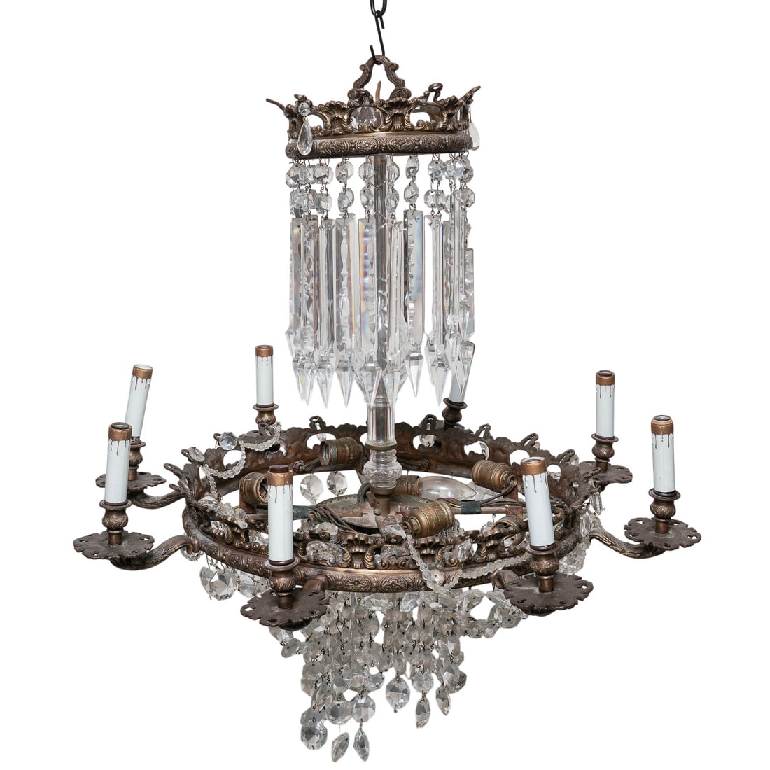 Antique French Gilt Bronze & Crystal Chandelier: Antique French Gilt Bronze & Crystal Chandelier Late 19th-early 20th century, French Antique French gilt bronze chandelier with crystal adornments. Circular frame adorned with numerous crystal prisms 