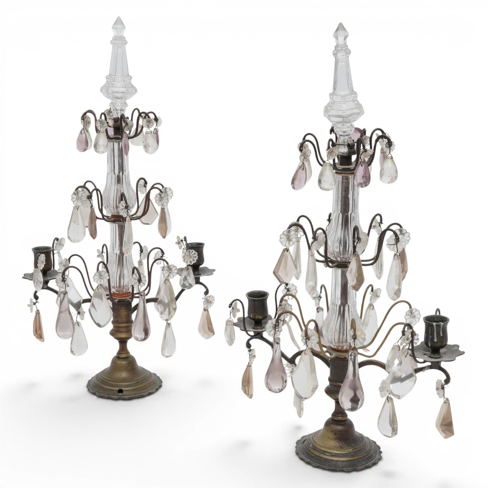 Pair Of French Antique Crystal & Brass Girandoles Candelabras: Pair Of French Antique Crystal & Brass Girandoles Candelabras Early 20th Cent. French A pair of antique French-style two-light candelabras featuring a combination of cast brass and clear crystal. Each