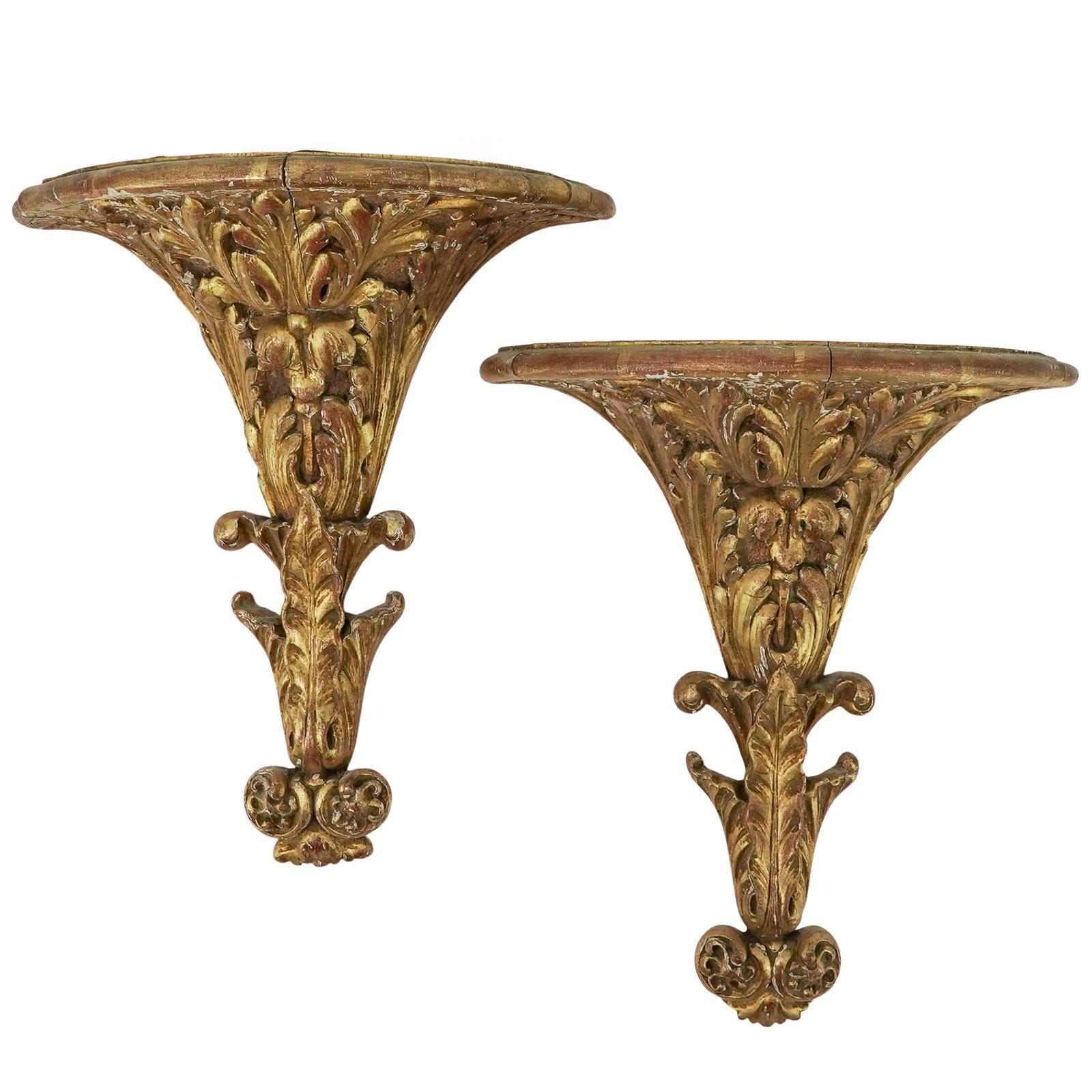 Pair Of Louis XV Style Giltwood Wall Brackets: Pair Of Louis XV Style Giltwood Wall Brackets 20th Cent., Continental A fine pair of wall brackets featuring deeply carved acanthus foliage and prominent volute scrolls. Originally designed to provide