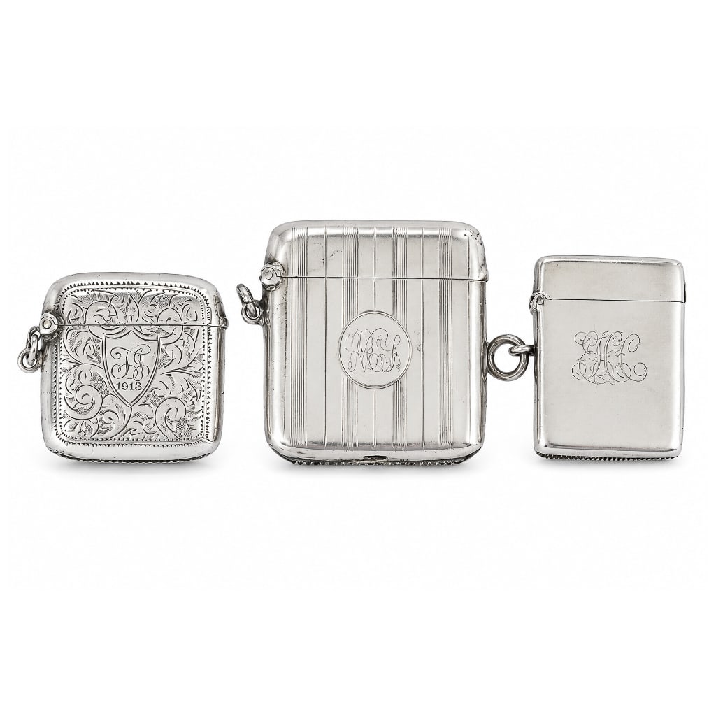 (3 pcs) Antique English Sterling Vesta Cases: (3 pcs) Antique English Sterling Vesta Cases Late 19th-early 20th century, English Three antique English sterling silver vesta cases. (1) English sterling silver vesta case. Monogramed. Marked with "W
