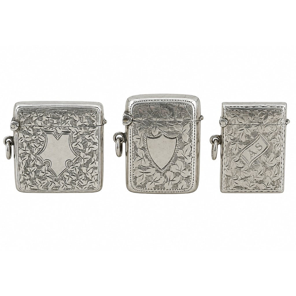 (3 pcs) Antique English Sterling Mini Vesta Cases: (3 pcs) Antique English Sterling Mini Vesta Cases Late 19th-early 20th century, English Three antique Sterling silver English miniature vesta cases. (1) Joseph Gloster Ltd (Birmingham, late 19th-early